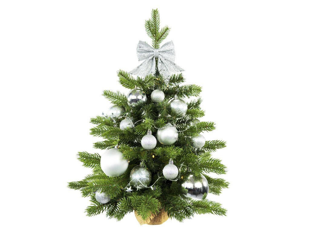 WEIHNACHTSBAUM künstlicher 60 cm mit LED-Beleuchtung, SILBERWEIHNACHTEN II, mit 34 Weihnachtsbaumschmuck, Pflanztopf mit Jutesack - Silberfarben/Grün, Kunststoff/Stein (40/60cm) - LAALU