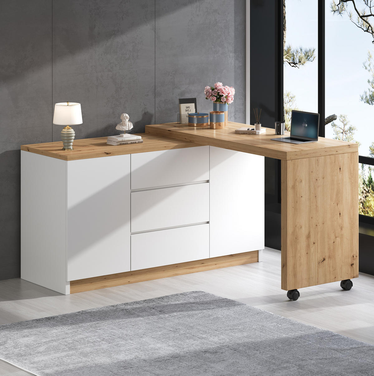 SCHREIBTISCH drehbar & klappbar 120 x 50 cm Weiß/Eiche mit Stauraum - Eichefarben, Holz (120/50/76.5cm) - Meubliv
