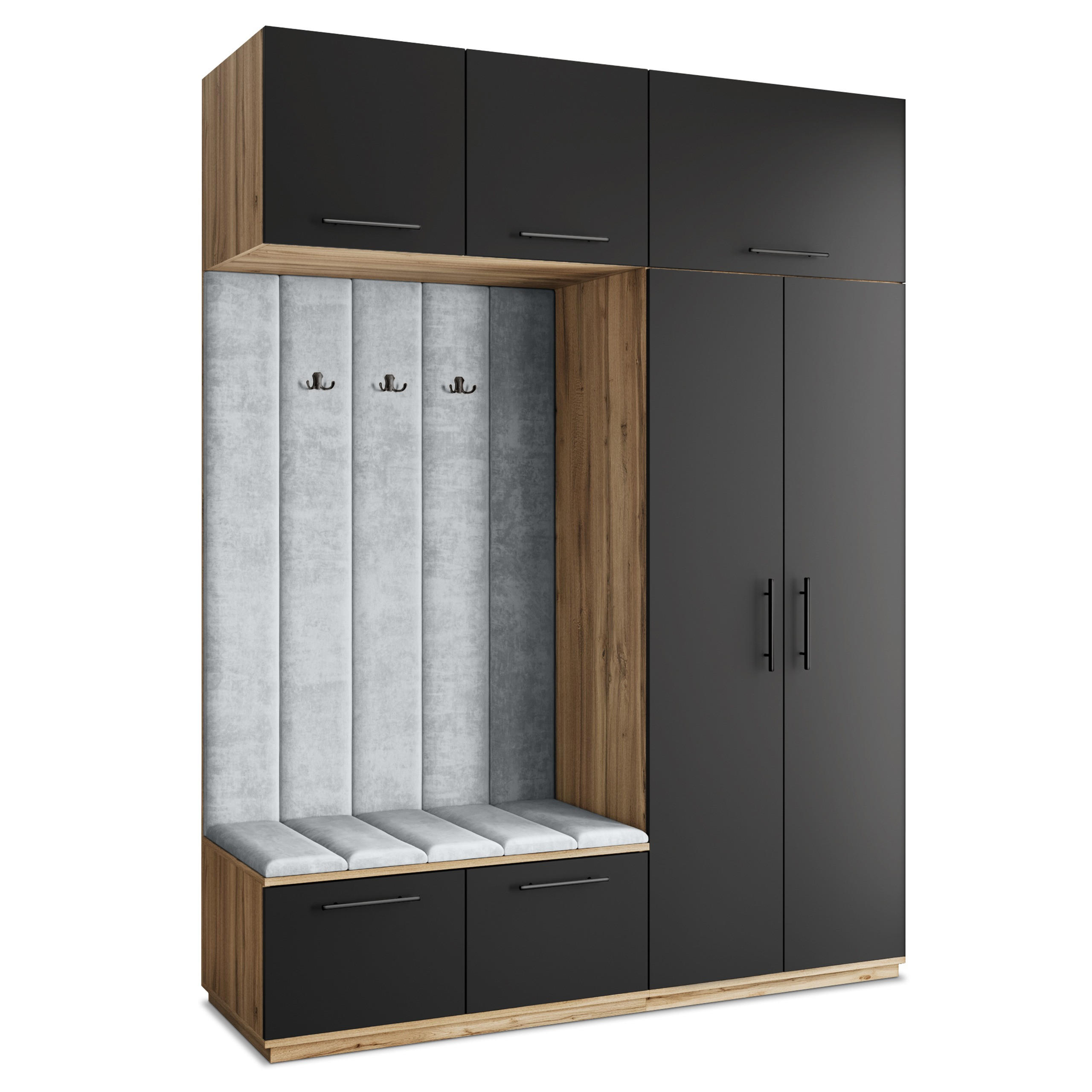 Masseno Garderobenschrank Eiche Wotan, Schwarz, Hellgrau 180x240x60 cm