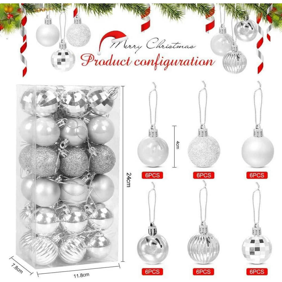 WEIHNACHTSKUGELN Set 36 Stück Kunststoff 4 cm Silber - Silberfarben, Kunststoff (4/4/4cm)