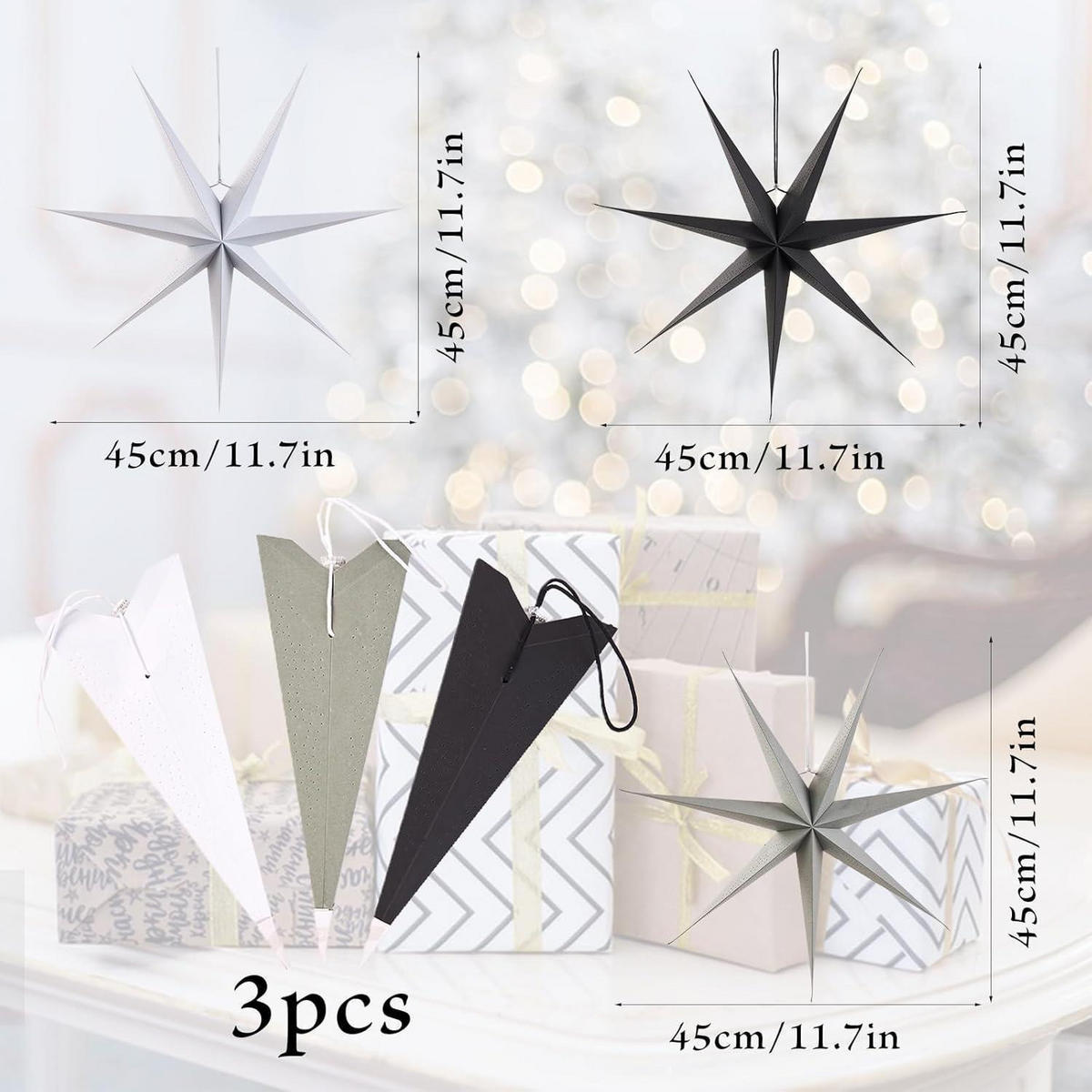 PAPIER Stern 3er Set 45 cm Grau Schwarz Weiß - Multicolor, Papier (45/1/45cm)