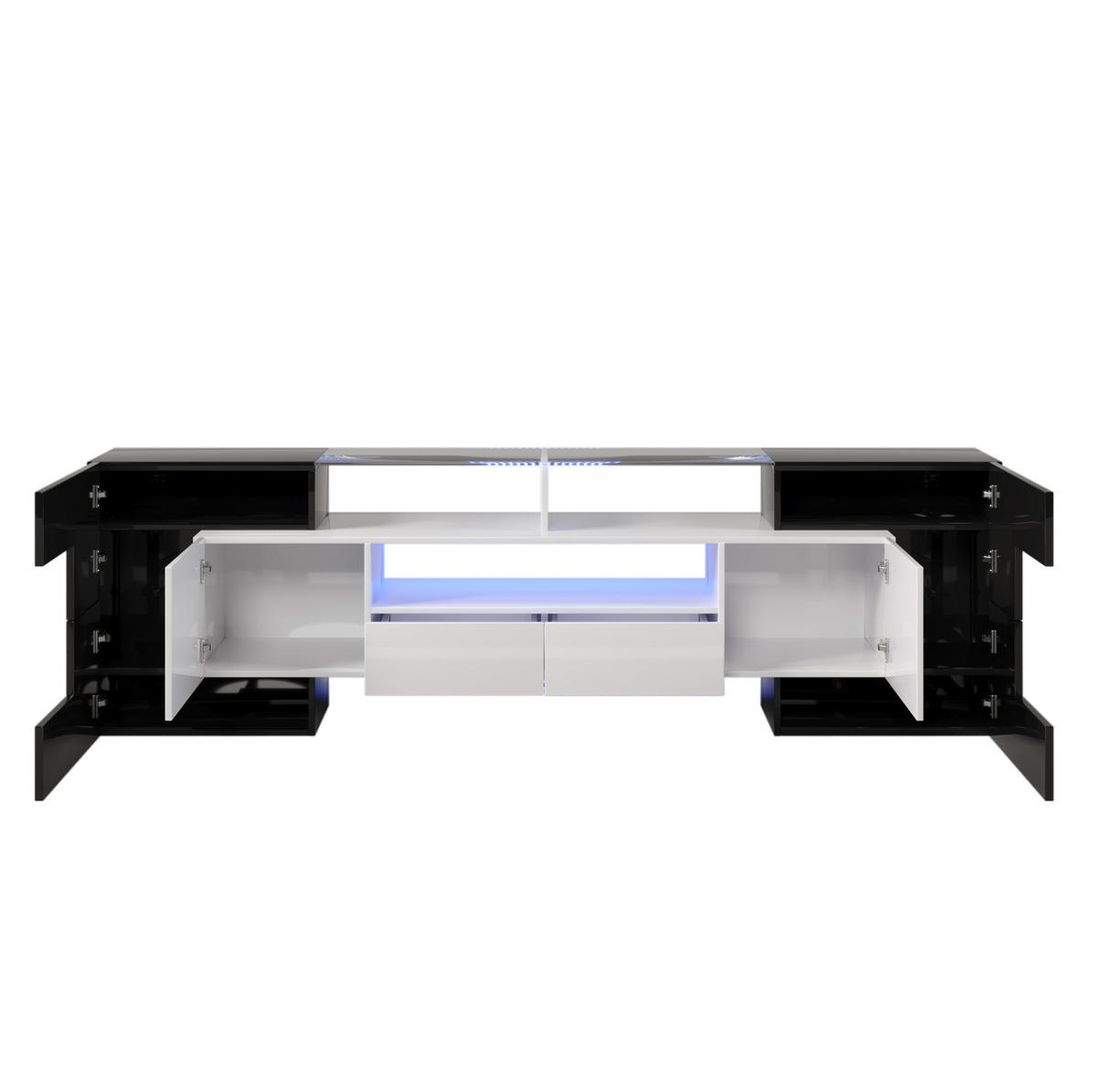 TV-SCHRANK aus Spanplatte und MDF 200x35x60 cm Schwarz/Weiß mit LED-Beleuchtung, Glasoptik und viel Stauraum - Schwarz, Holzwerkstoff (200/60/35cm) - Modfu