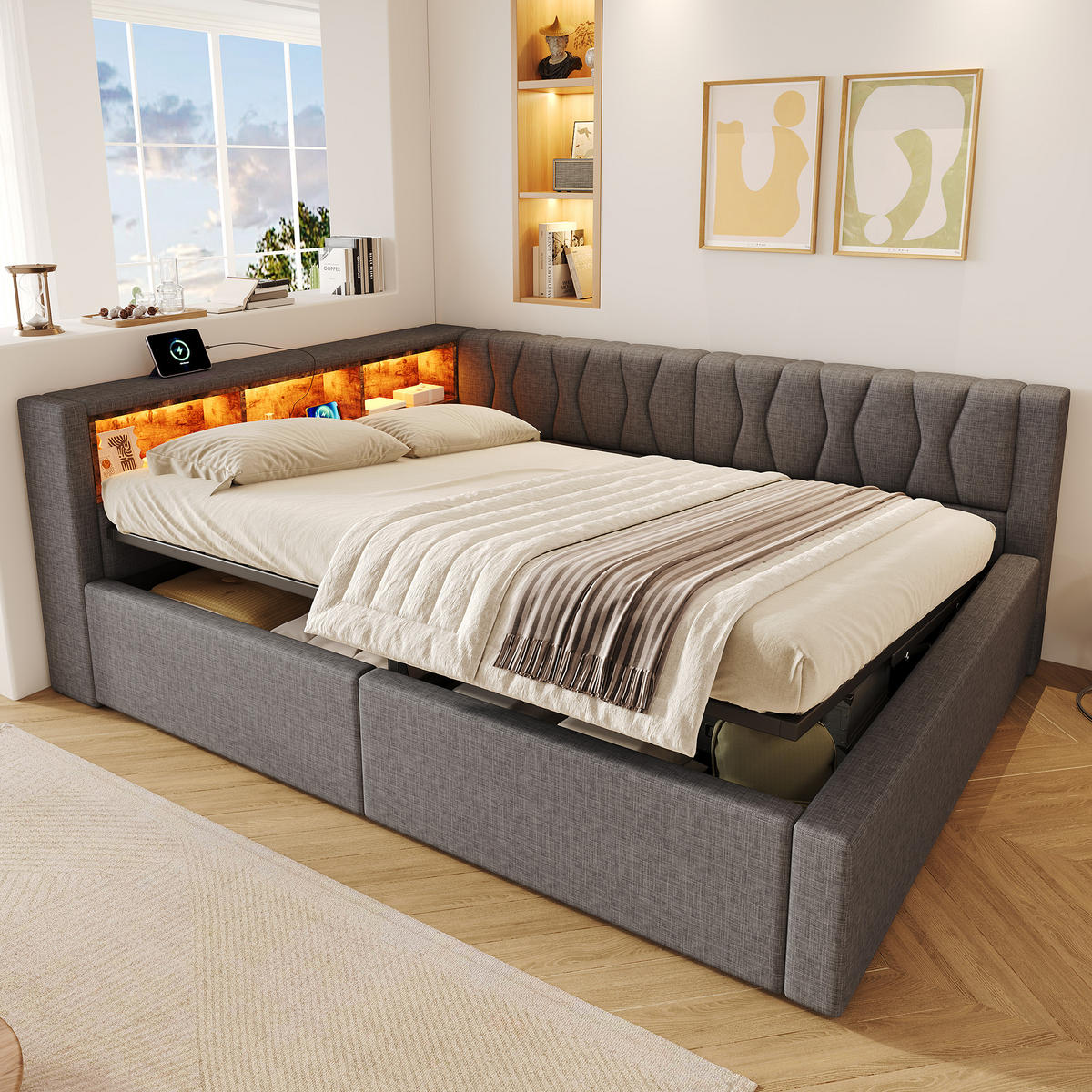 DENNÍ POSTEL 140x200cm Pohovka Úložná LED USB Šedá - šedá, přírodní materiály (140/200cm) - FLIEKS