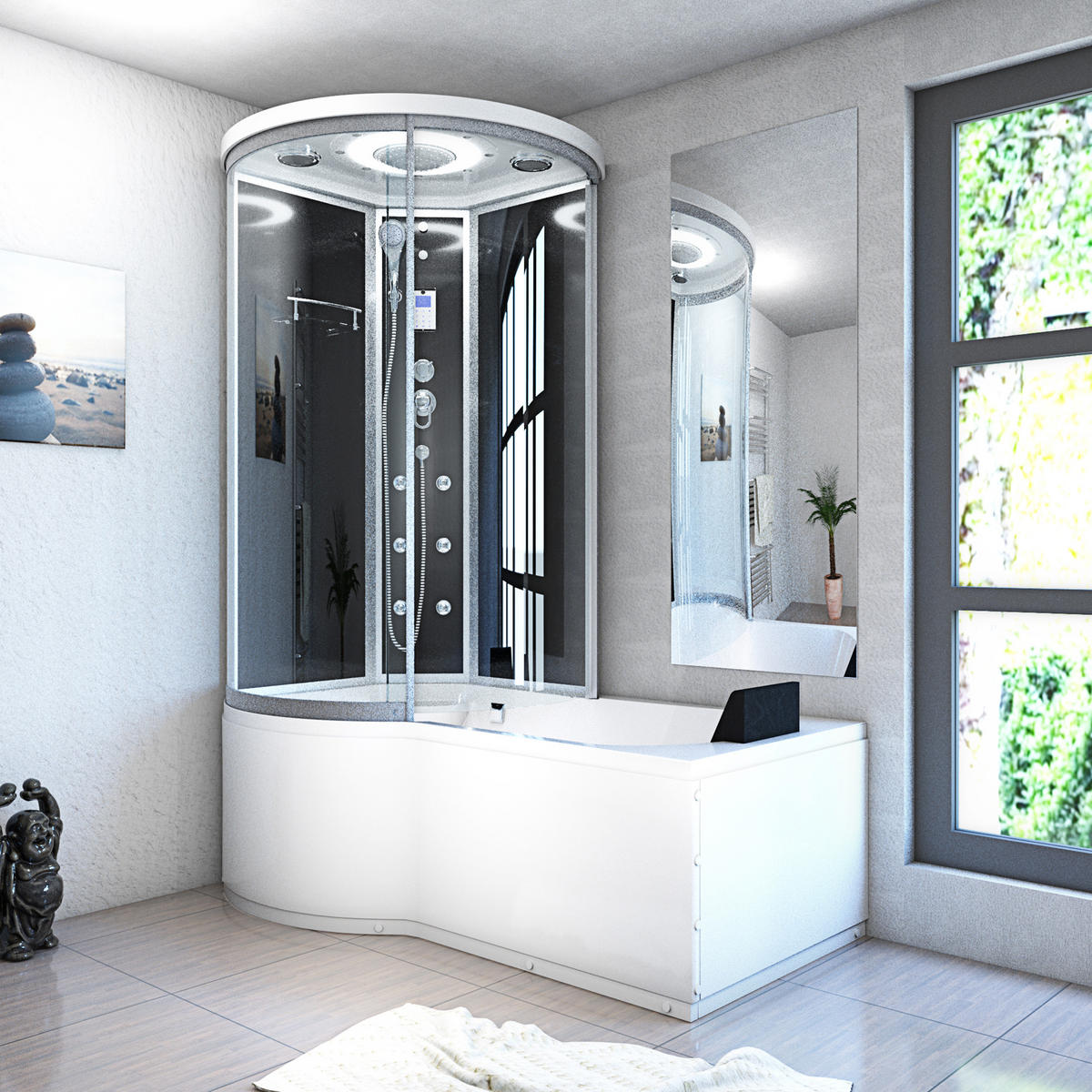 DUSCHKABINE mit Wanne K55-R31-EC Schwarz 100x170 - Schwarz, Glas/Kunststoff (98/170/220cm) - AcquaVapore by Sandra Jentho
