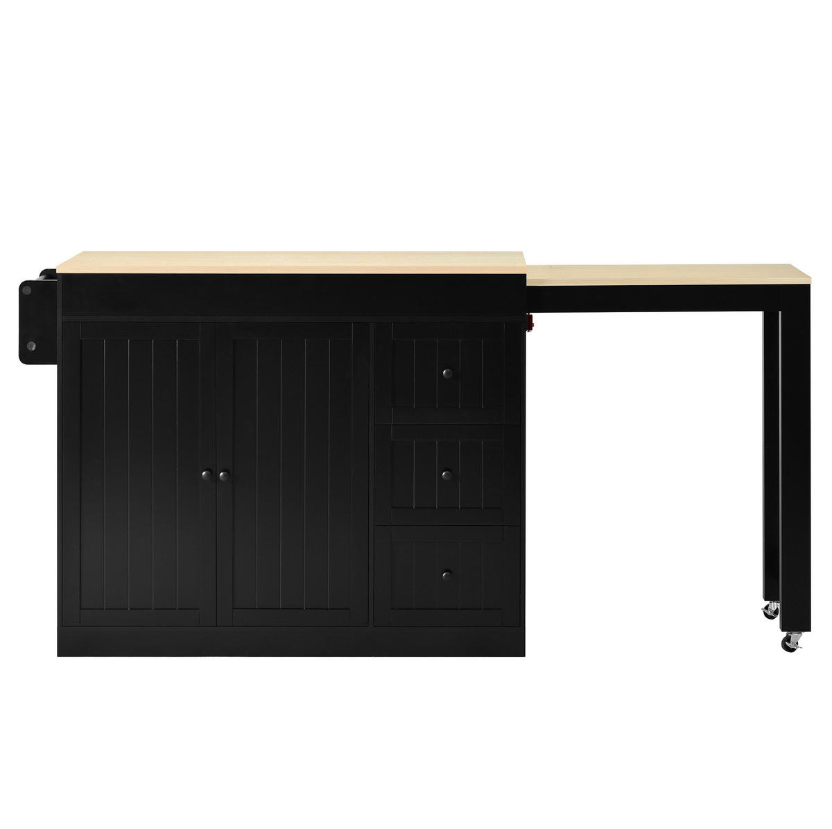 KÜCHENINSEL aus MDF 112-186,8x45x93 cm Schwarz mit ausziehbarer Arbeitsplatte, 3 Schubladen und Gewürzregal - Schwarz, Holzwerkstoff (130/93/45cm) - Modfu
