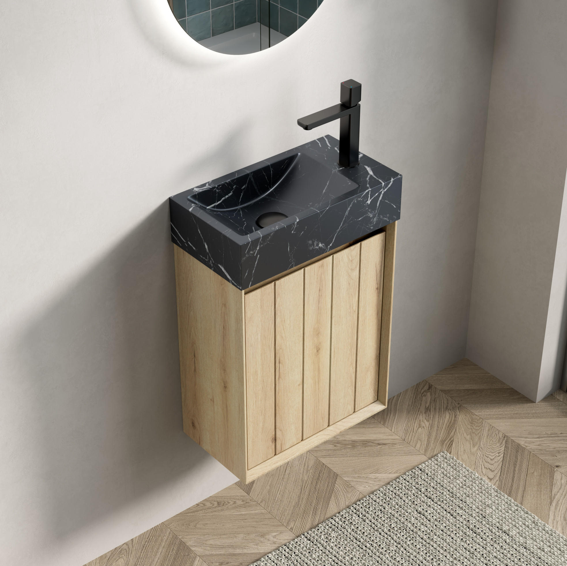 WASCHTISCHUNTERSCHRANK 40x22x58cm Eiche/Schwarz mit Naturmarmorbecken - Eichefarben, Stein (40/58/22cm) - Modfu