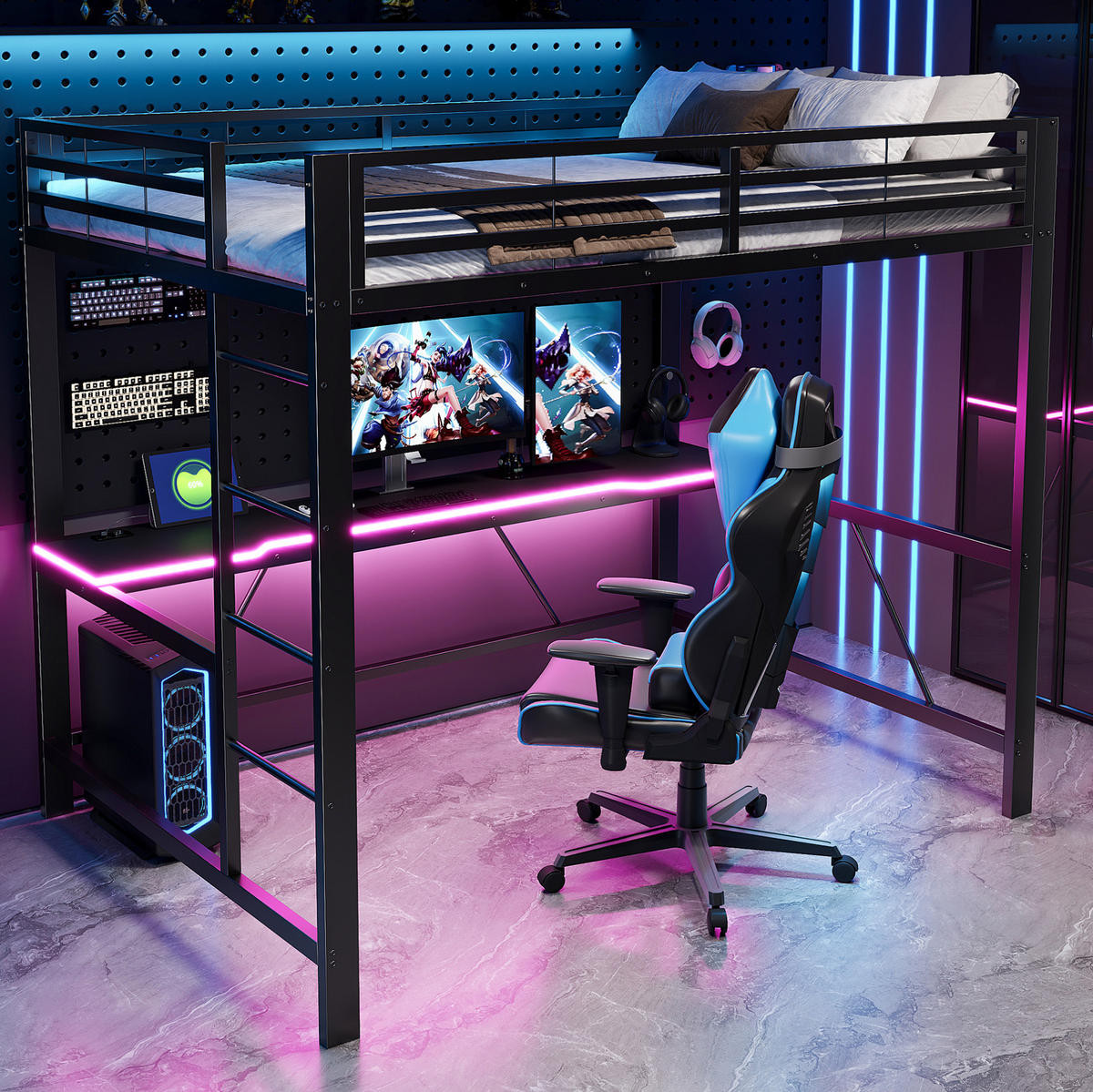 GAMING-HOCHBETT 140x200 cm in Schwarz mit Schreibtisch und LED-Beleuchtung - Schwarz, Holzwerkstoff (140/200cm) - IVMEU
