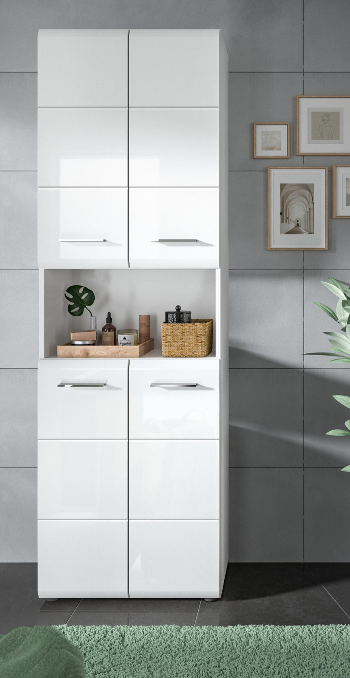 HOCHSCHRANK weiß Hochglanz, Badschrank 60 cm mit 7 großen Stauraum-Fächern - Weiß Hochglanz/Silberfarben, Holzwerkstoff/Kunststoff (60/185/30cm) - Inn.Furn