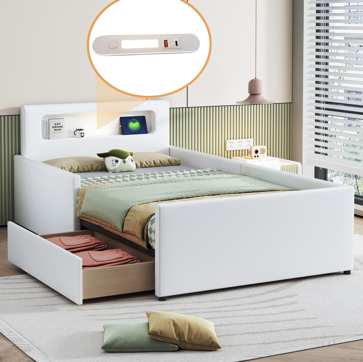 POLSTERBETT 90/200 cm Weiß aus Kunstleder mit Nachtlicht und USB-Ladeanschluss - Weiß, Textil (90/200cm) - OKMYHOME