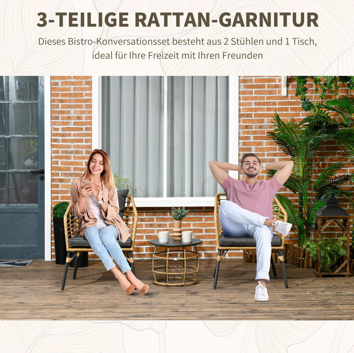 BISTRO-SET 62/65/78 cm mit 2 Sesseln, Couchtisch, Kissen und Stahlgestell, Sand - Grau, Metall - Redom