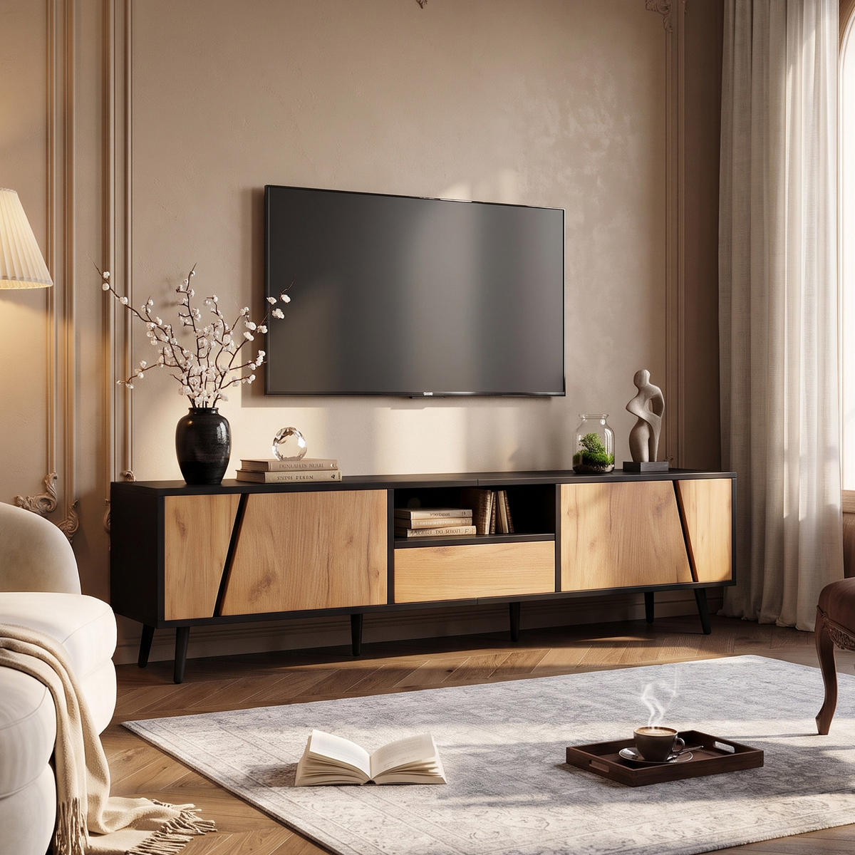 TV-LOWBOARD mit 1 Schublade und 2 Türen, Moderne minimalistische, Stützbeinen aus Massivholz, 180 x 40 x 46 cm - Multicolor, Holz/Metall (40/46/180cm) - GENKI LIVING