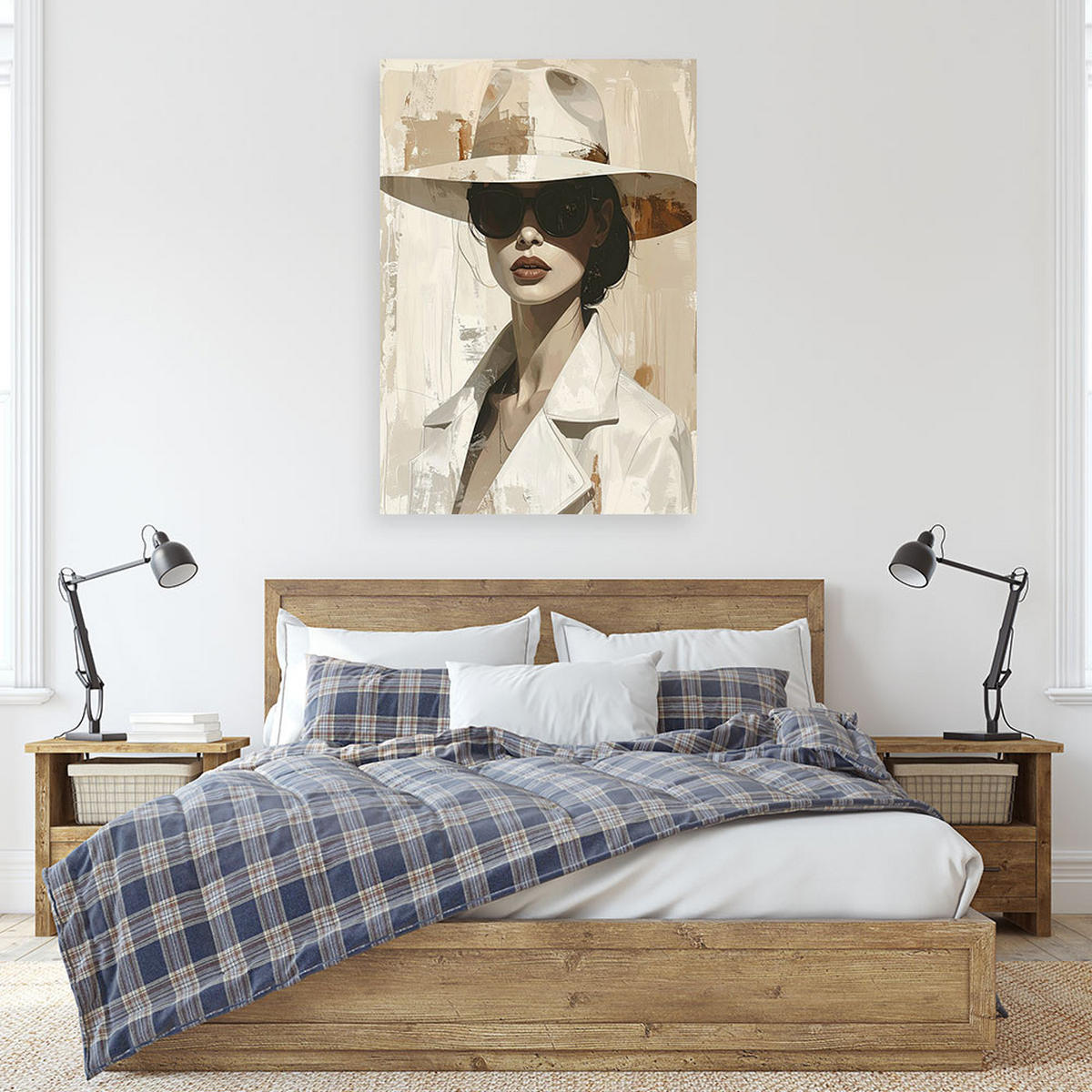 LEINWANDBILDER, Elegante Frau mit Hut und dunkler Brille - Weiß, Textil (60/90cm) - Feeby