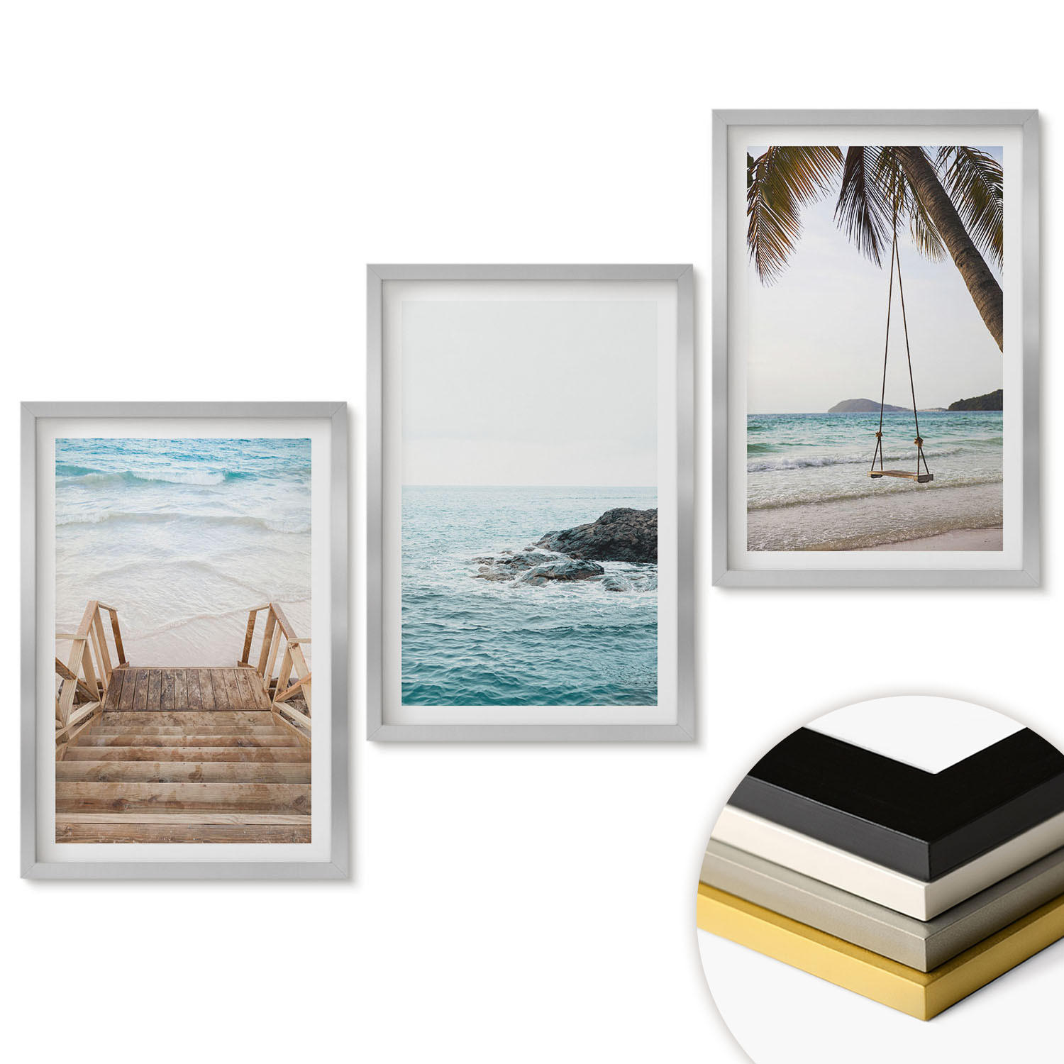 WANDBILDER 3er Set - 40x60 cm Silberner Rahmen - Treppe Strand Meer Schaukel - Silberfarben, Kunststoff (40/60cm) - ArtPrintCave