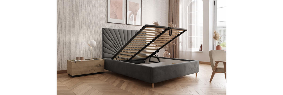 POLSTERBETT SUNNY 160x200 cm French Velvet 686, 34 Holzlatten, Kopfteil 131 cm - Grau, Textil (160/200cm) - Lookway