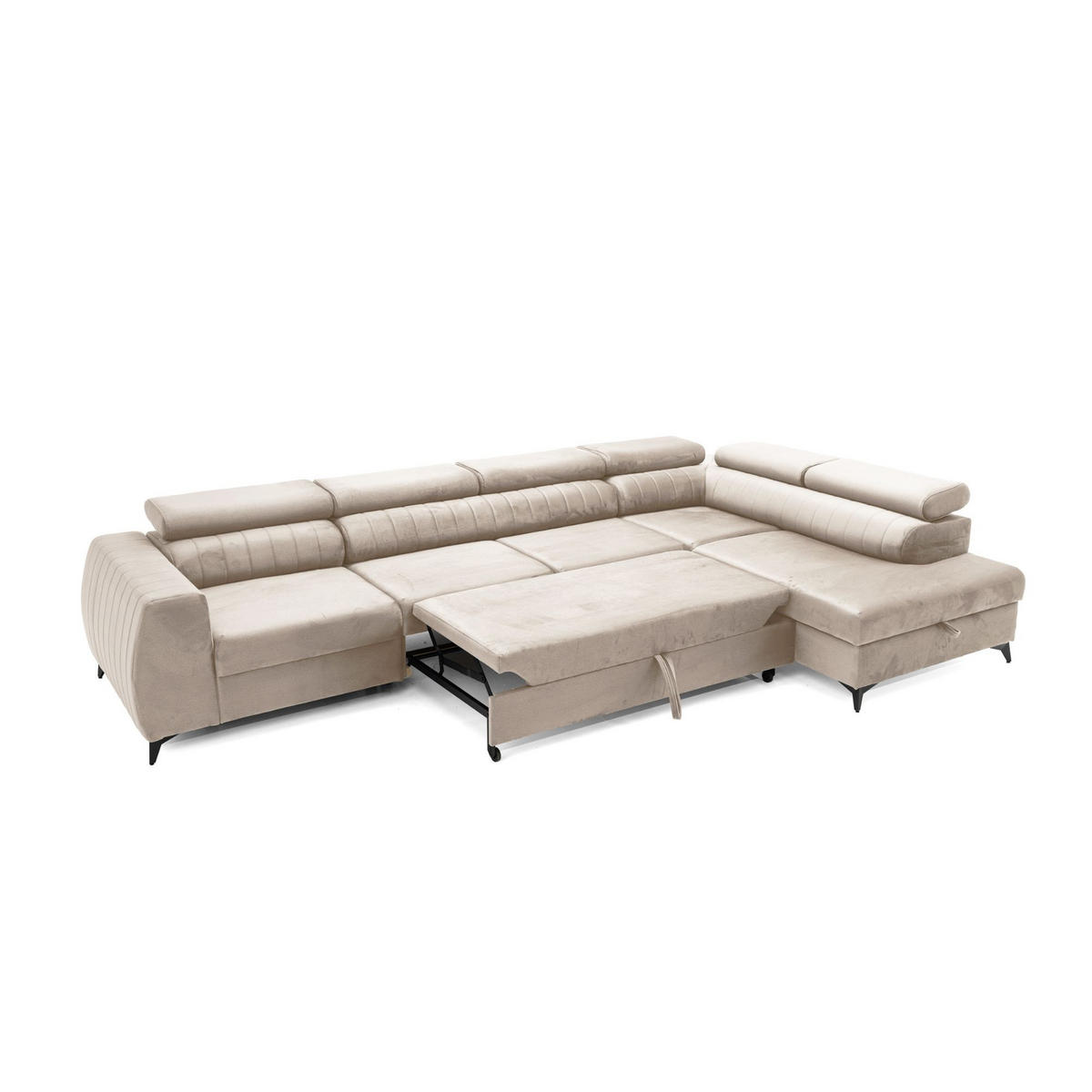 ECKSOFA PIERO MAXI Rechts mit Schlaffunktion 195x125 Velours Beige - Beige/Schwarz, Holz/Textil (203/350cm) - Muffo