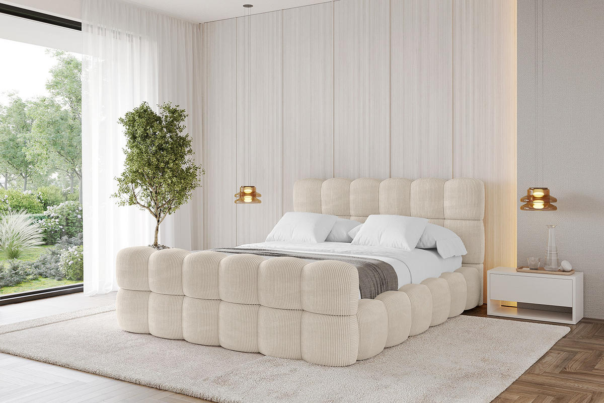 POLSTERBETT mit Bettkasten, Fußteil und Lattenrost, Bett mit Matratze H3/H4 - LEYA-Z 120x200 Beige - Creme, Holzwerkstoff/Textil (120/200cm) - ALTDECOR