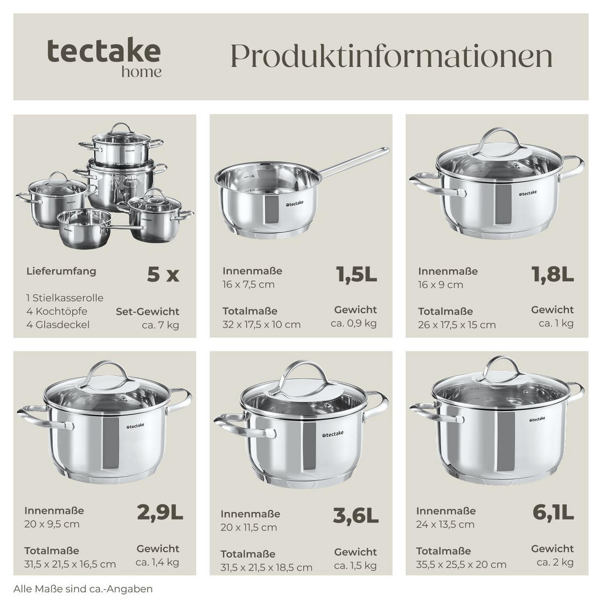 KOCHTOPFSET Bologna Ii,integrierte Messskala in den Töpfen,silber - Silberfarben, Metall - tectake