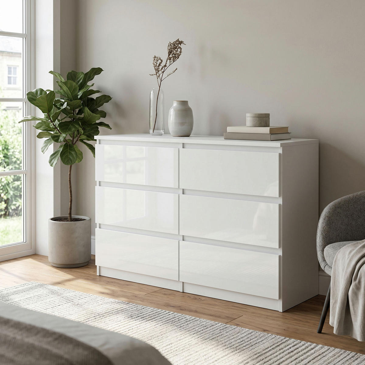 KOMMODE NUDO 138,5/78,5/39cm mit 6 Schubladen Türen Weiß - Weiß Hochglanz/Weiß, Holzwerkstoff (138.5/78.5/39cm) - MASSENO