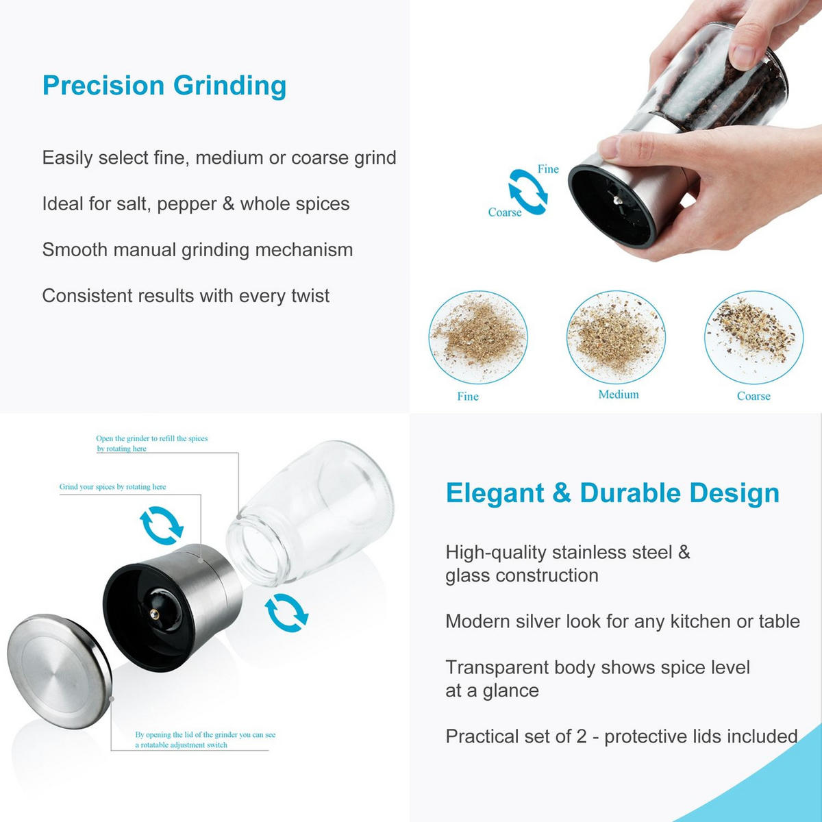 GEWÜRZMÜHLE (2er Set) - Silberfarben, Metall (6.5/6.5/13.5cm) - Intirilife