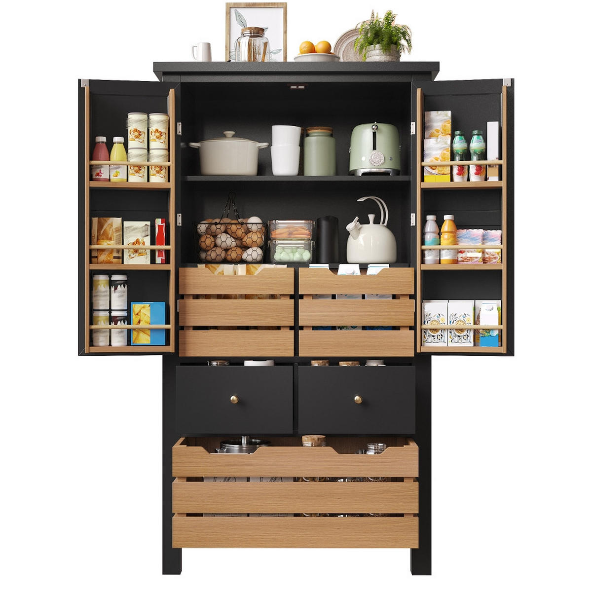 KÜCHENSCHRANK Küchenbuffet mit 5 Schubladen und 2 Türen, MDF/Metall, Schwarz-Weiß, für Esszimmer, 80/140/40 cm - Schwarz, Kunststoff (40/140/80cm) - Rolipo