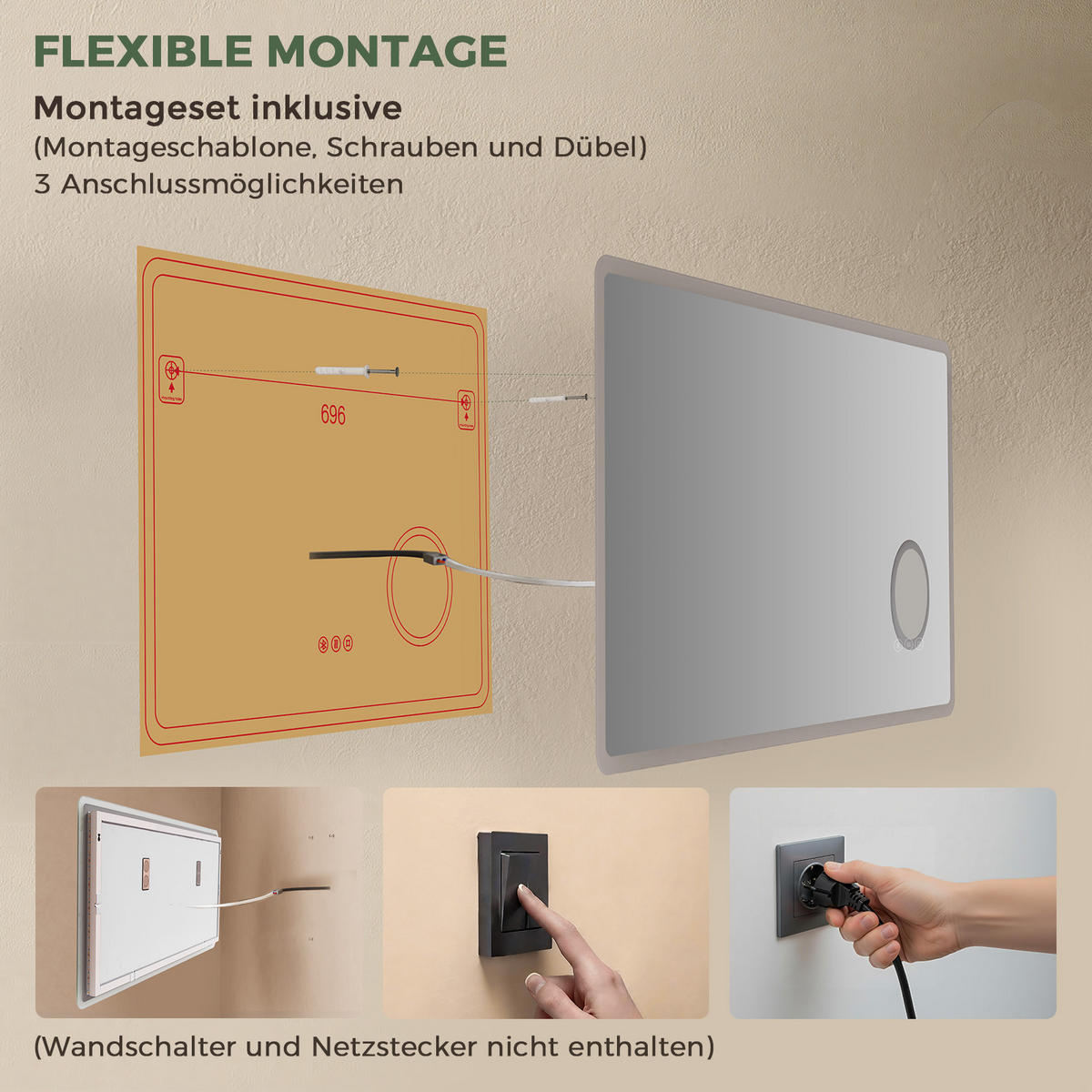 BADSPIEGEL mit Beleuchtung 60/80 cm rechteckig LED, Bluetooth, Vergrößerungsspiegel, Antibeschlag - Transparent, Glas (80/60/3.5cm) - S'AFIELINA