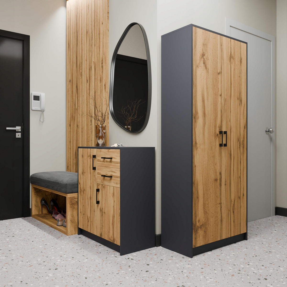 KOMMODE 2-türig Grau-Wotan Eiche 74/35/85 cm mit 2 Schubladen - Anthrazit/Eiche Wotan, Holzwerkstoff (74/85/35cm) - Matkam Möbel