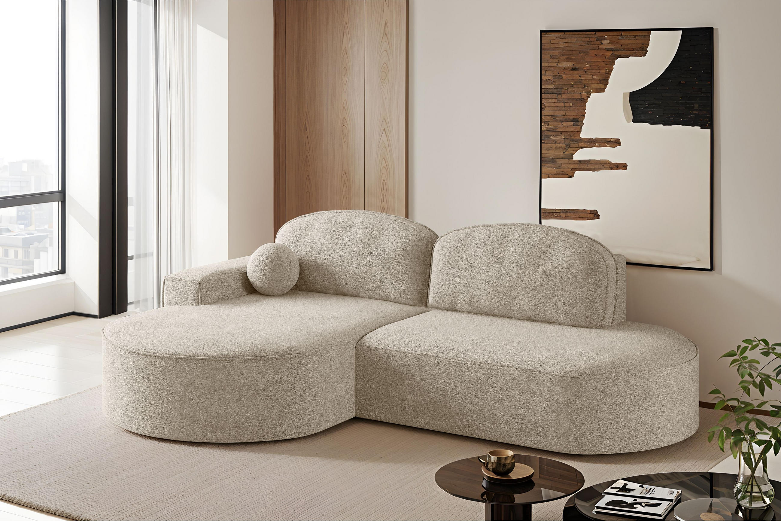ECKSOFA mit Schlaffunktion und Bettkasten Modena Runden stoff Arena Beige Links - Beige, Holz (179/278cm) - Kaiser Möbel