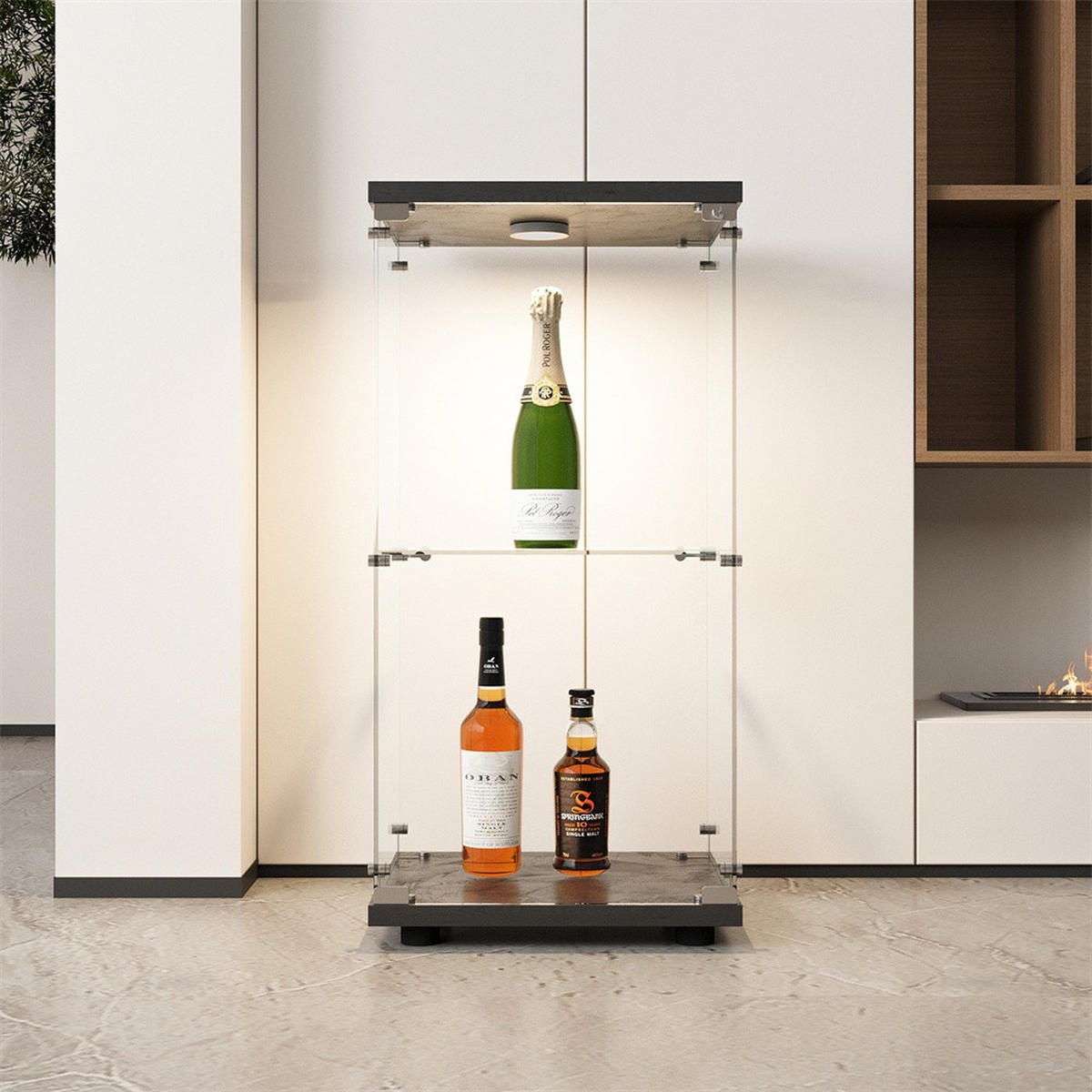 VITRINE - Glasvitrine mit 1 Tür und 2 Ebenen - integrierte LED-Spot-Beleuchtung - Schwarze Decken- und Bodenplatte - Schwarz, Glas (40.35/86.2/36.5cm) - DELFA