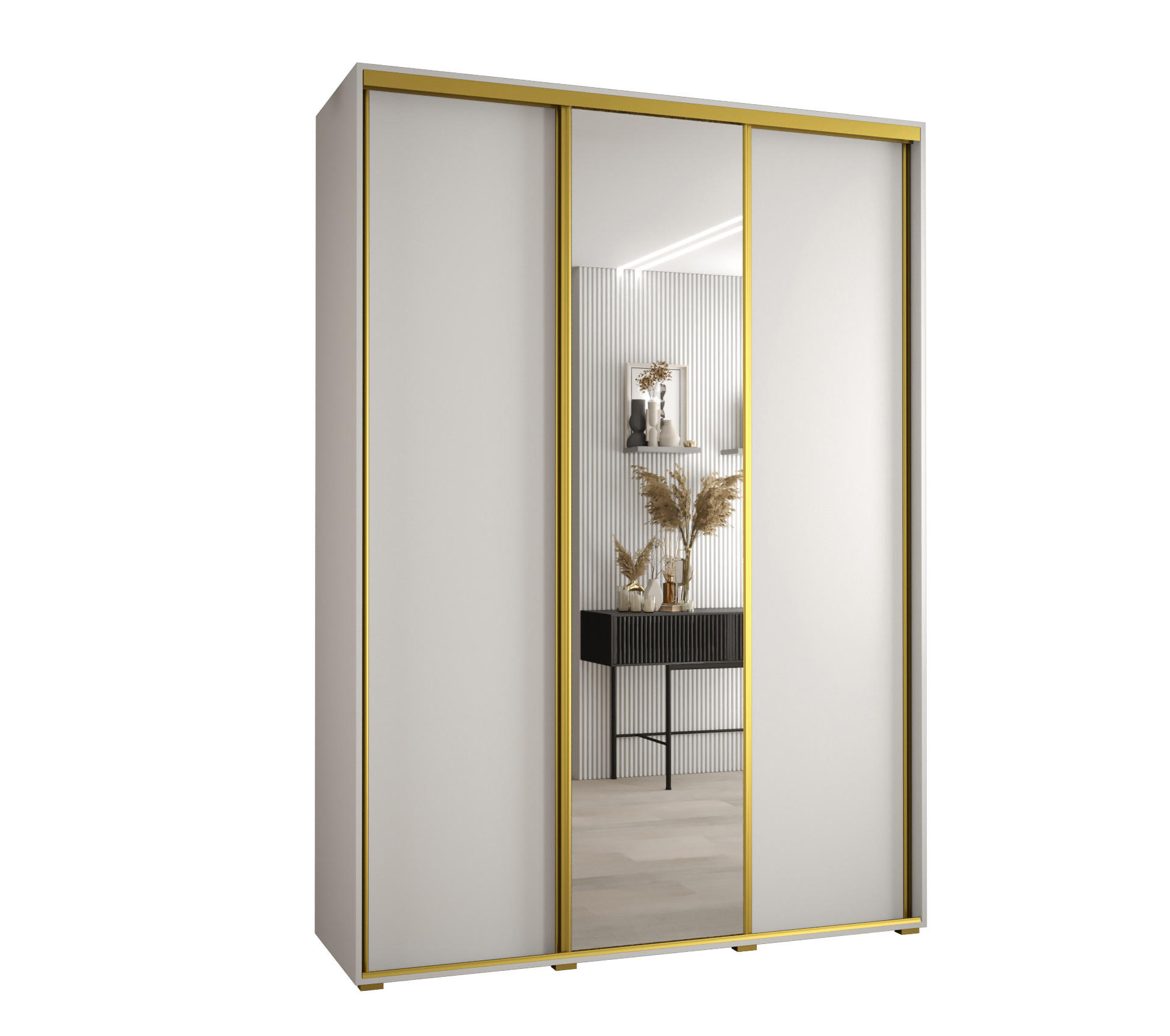 Abiks Möbel Schwebetürenschrank Weiß, Weiß, Gold 170x235x60 cm
