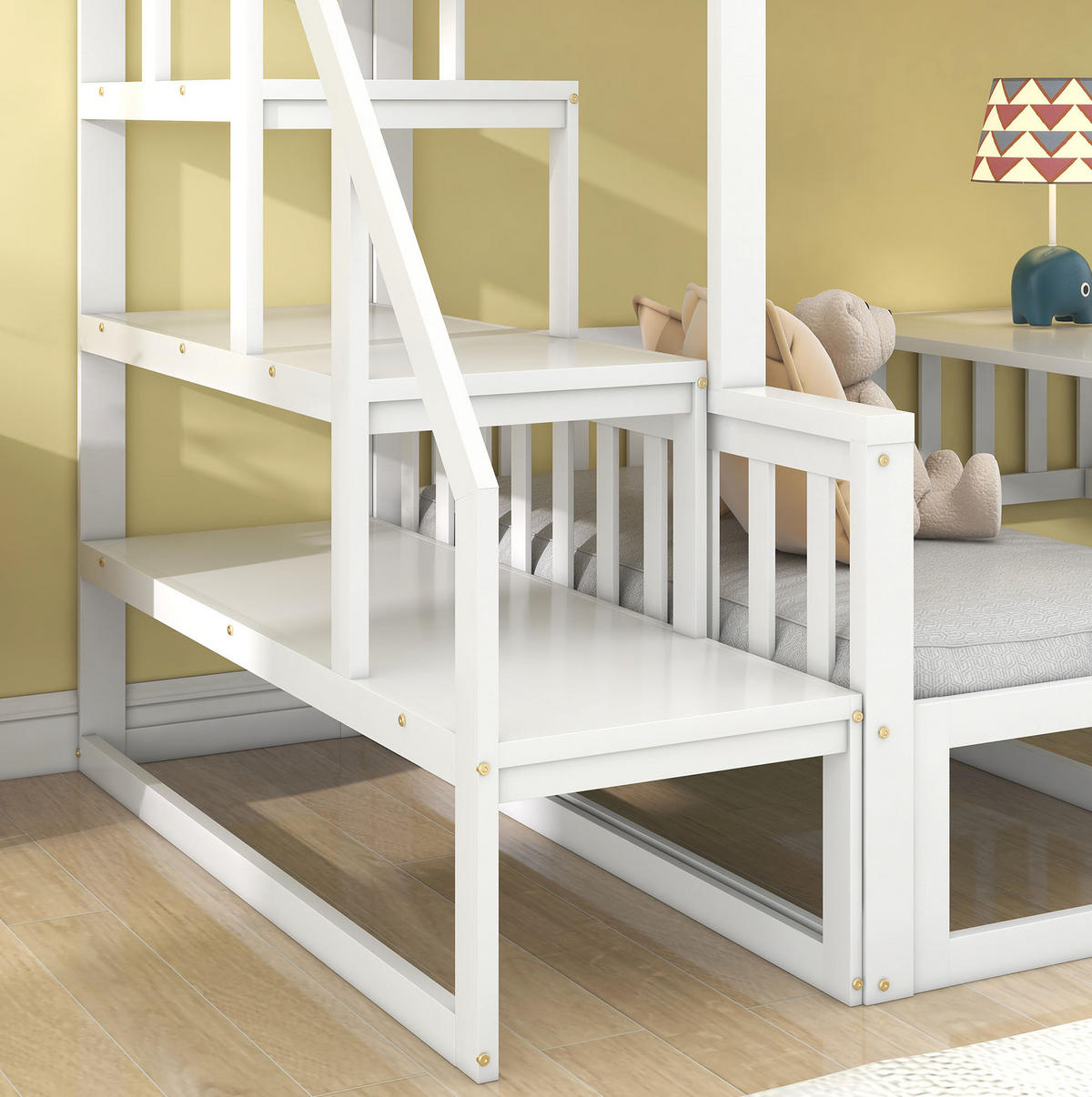ETAGENBETT 90/200 cm Weiß mit Treppe und verstellbarem Tisch aus Kiefernholz - Weiß, Holzwerkstoff (90/200cm) - OKWISH