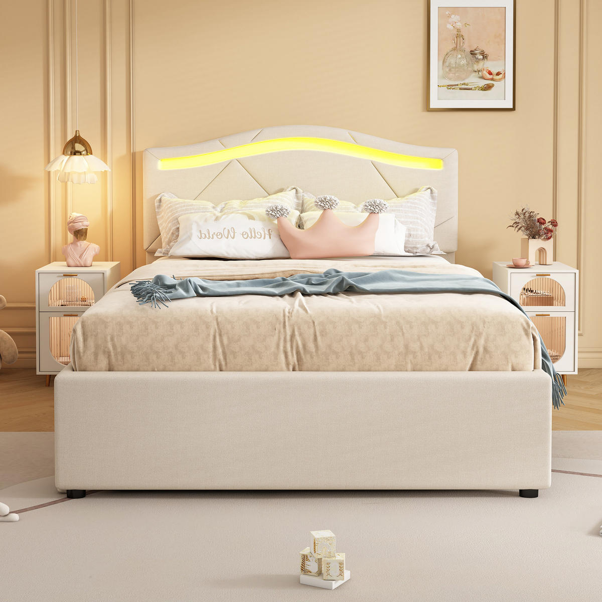 BETT mit Lattenrost, LED und 2 Schubladen 90x200 cm Beige - Beige, Metall (90/200cm) - Meubliv