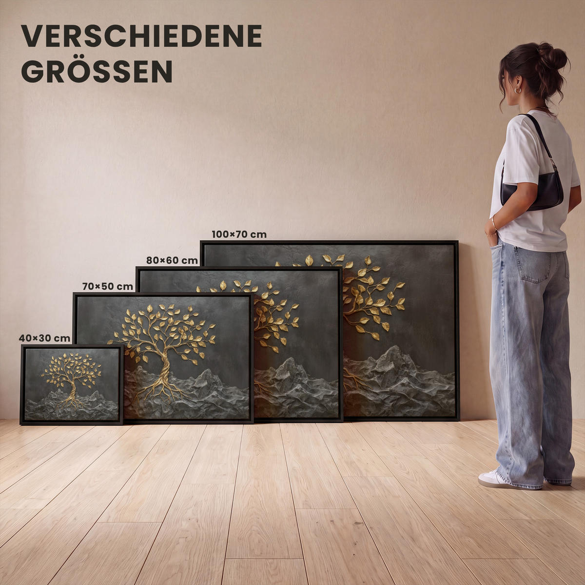 LEINWAND Bilder mit Rahmen - Blätter - Gold - Baum - Fels - 100x70 - Schwarz, Textil (100/70cm) - MuchoWow