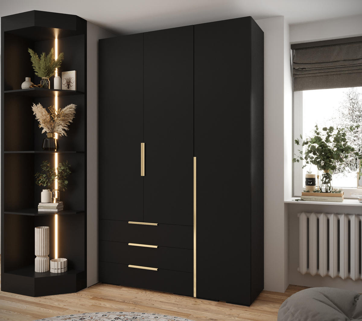 GARDEROBEN-SET 236,7/150/47 - Goldfarben/Schwarz, Holz/Kunststoff (150/236.7/47cm) - Abiks Möbel