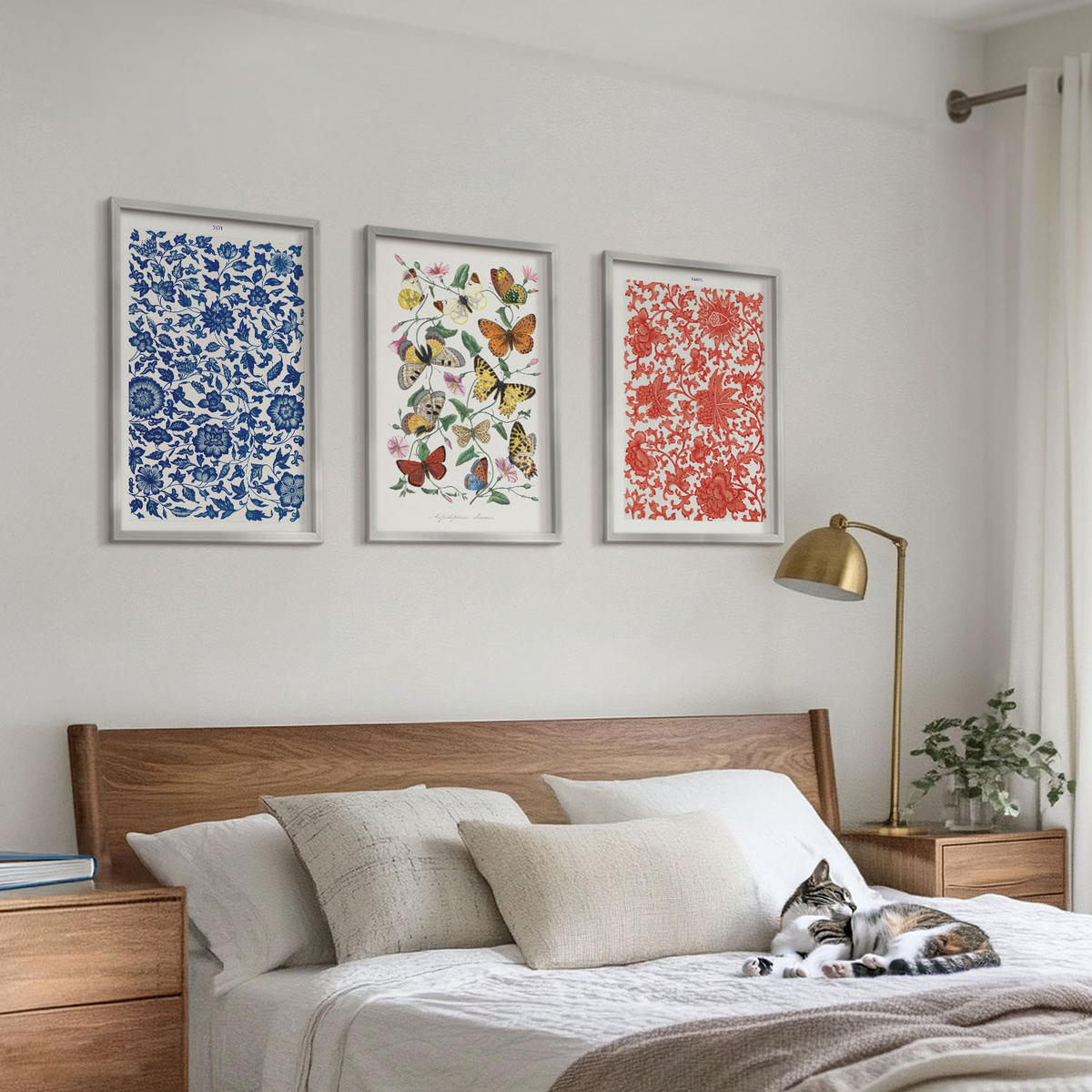 WANDBILDER 3er Set - 40x60 cm Silberner Rahmen - Vintage-Blumen-Schmetterlings-Ornamente - Silberfarben, Kunststoff (40/60cm) - ArtPrintCave