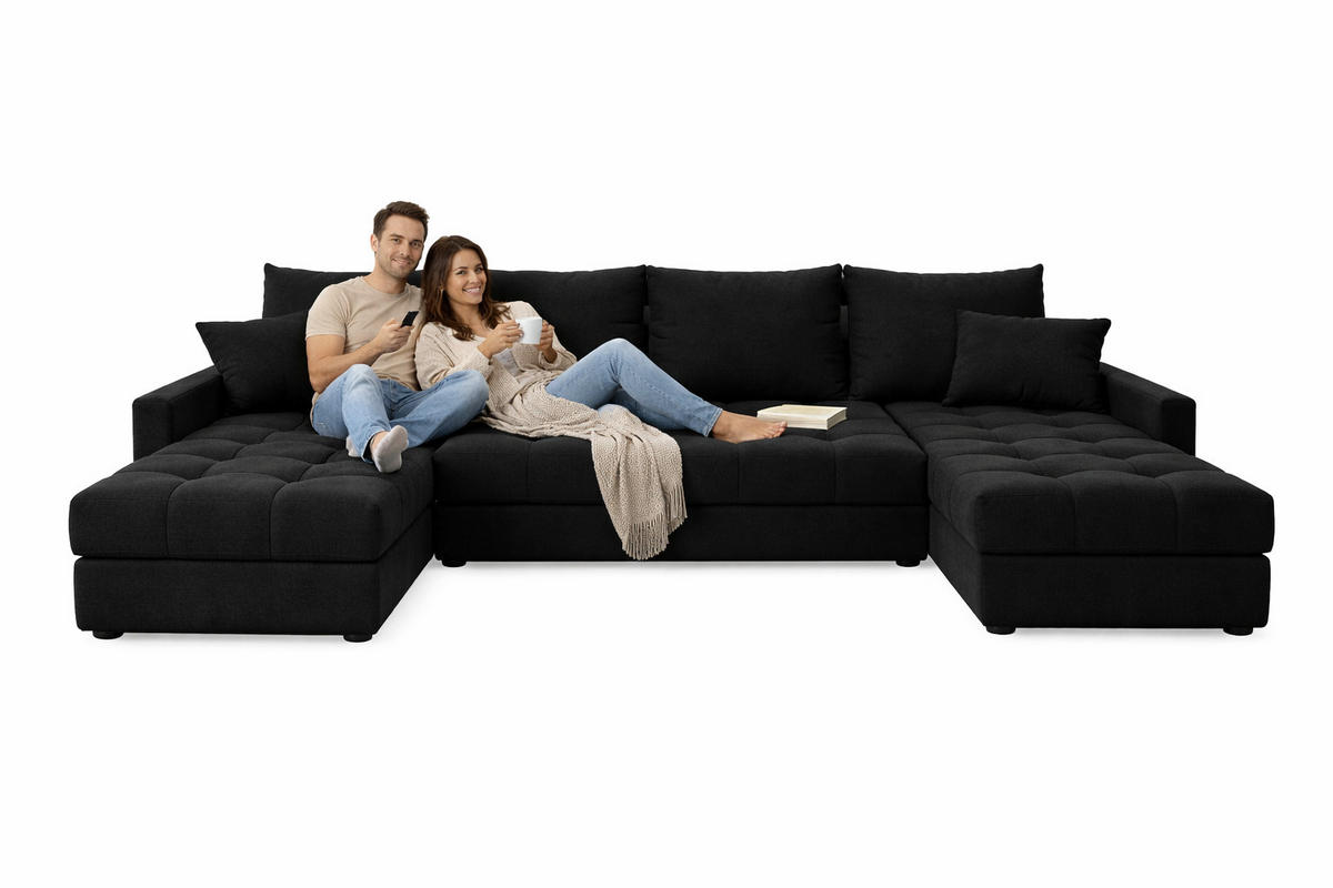 WOHNLANDSCHAFT AURELIA – Ecksofa in U-Form mit Schlaffunktion, Bettkasten & Kissen Stoff KRONOS 287 cm Schwarz - Schwarz, Kunststoff (287/140cm) - Wohnideebilder