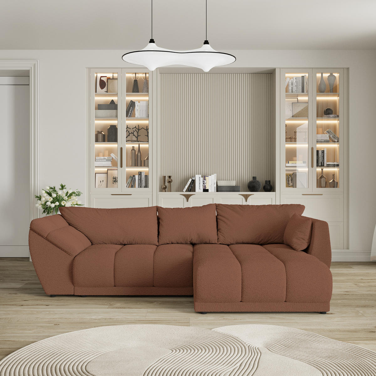 ECKSOFA ORENTI R-S Kupferfarben Boucle-Stoff mit Schlaffunktion - Kupferfarben, Holz (287/182cm) - MASSENO