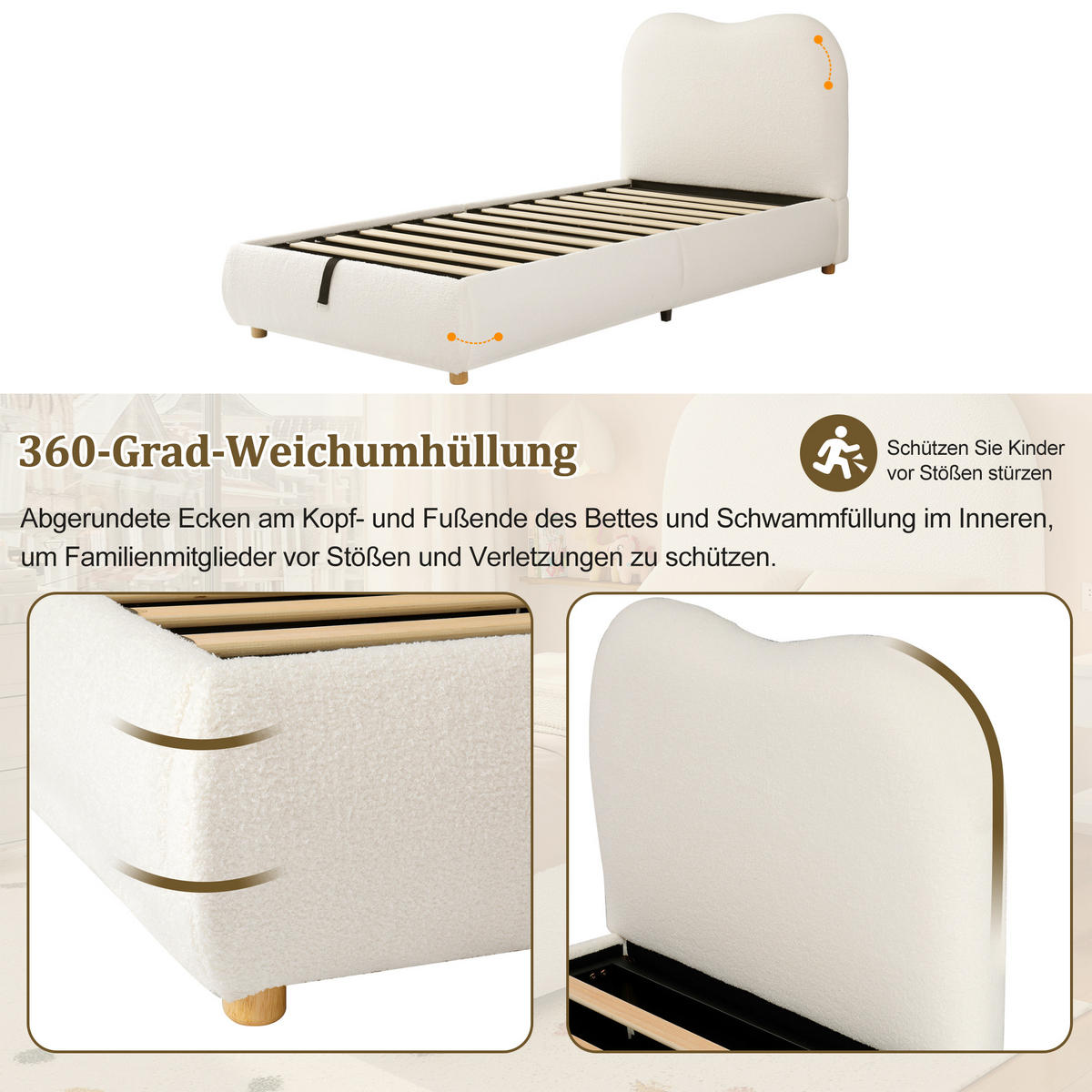 KINDERBETT 90/200 cm in Beige Bouclé mit Bettkasten - Beige, Holzwerkstoff/Textil (90/200cm) - WISHDOR