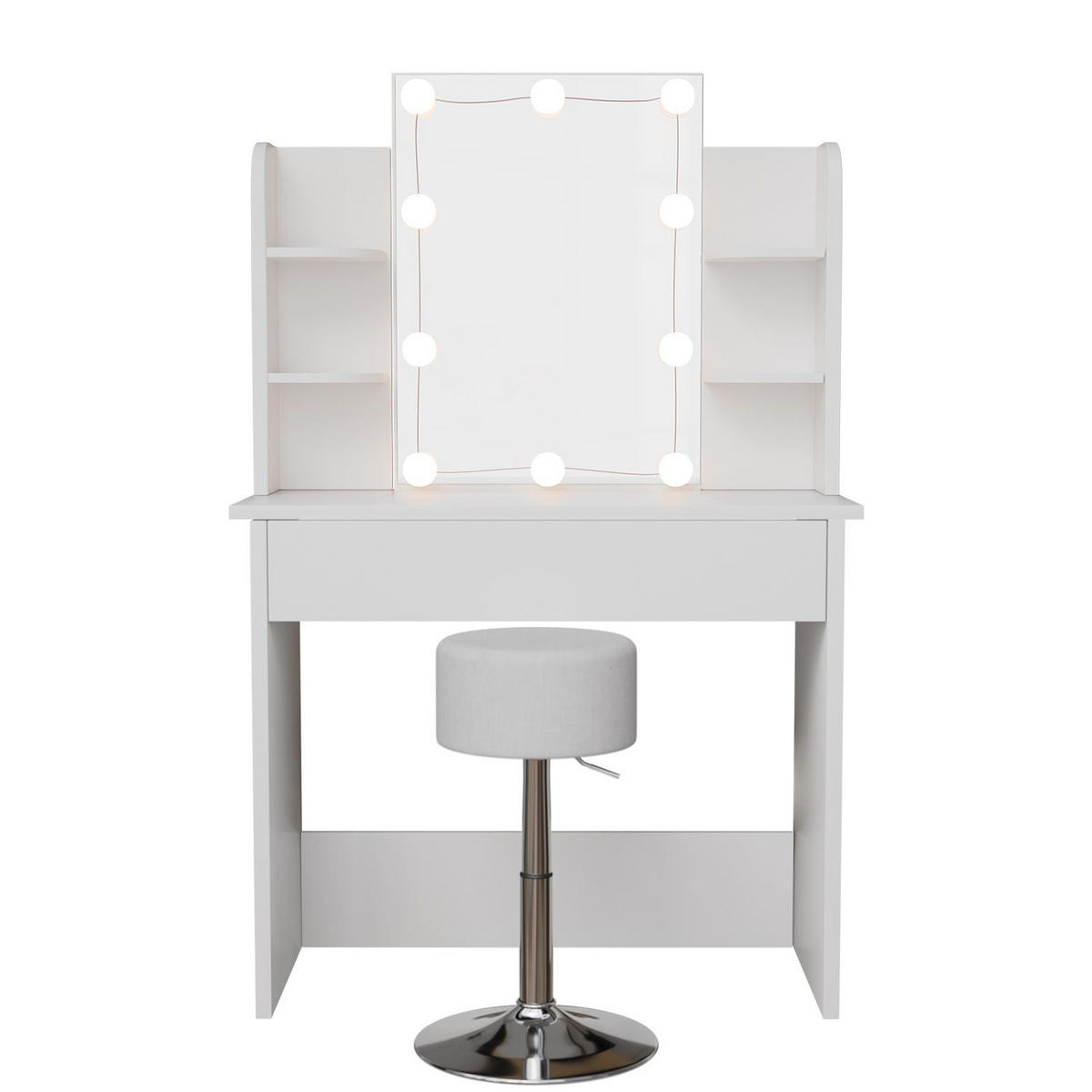 SCHMINKTISCH Zoey LED-Beleuchtung & Hocker Tonia - Weiß, Holz (40/140/90cm) - Juskys