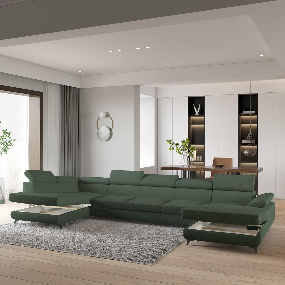 WOHNLANDSCHAFT MONTIVA Grün Boucle-Stoff mit Schlaffunktion - Grün, Holz (410/89/190cm) - MASSENO