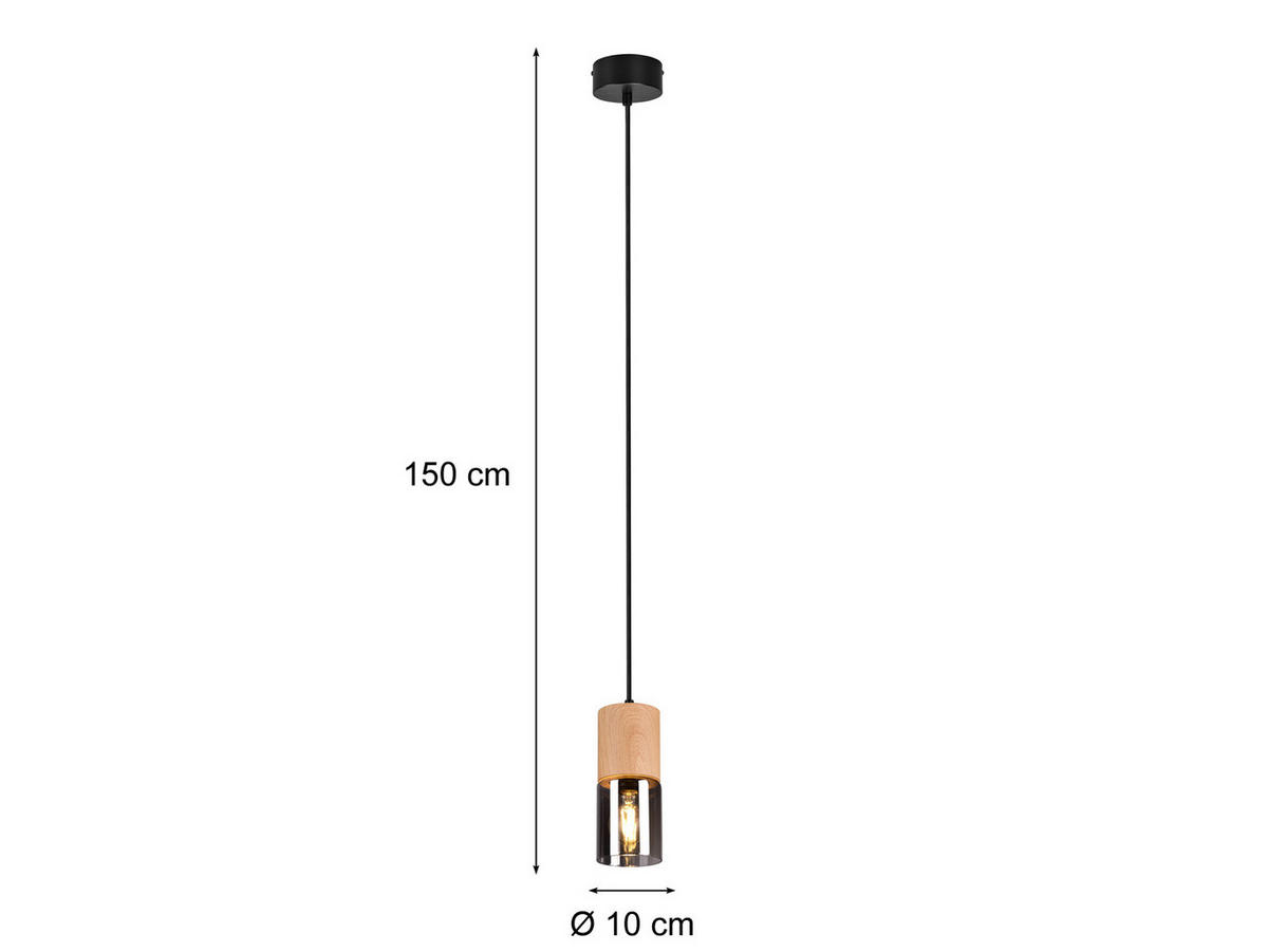 PENDELLEUCHTE Holz Ø10cm, Lampenschirm Rauchglas - Schwarz, Glas/Holz (10/10/150cm) - meineWunschleuchte