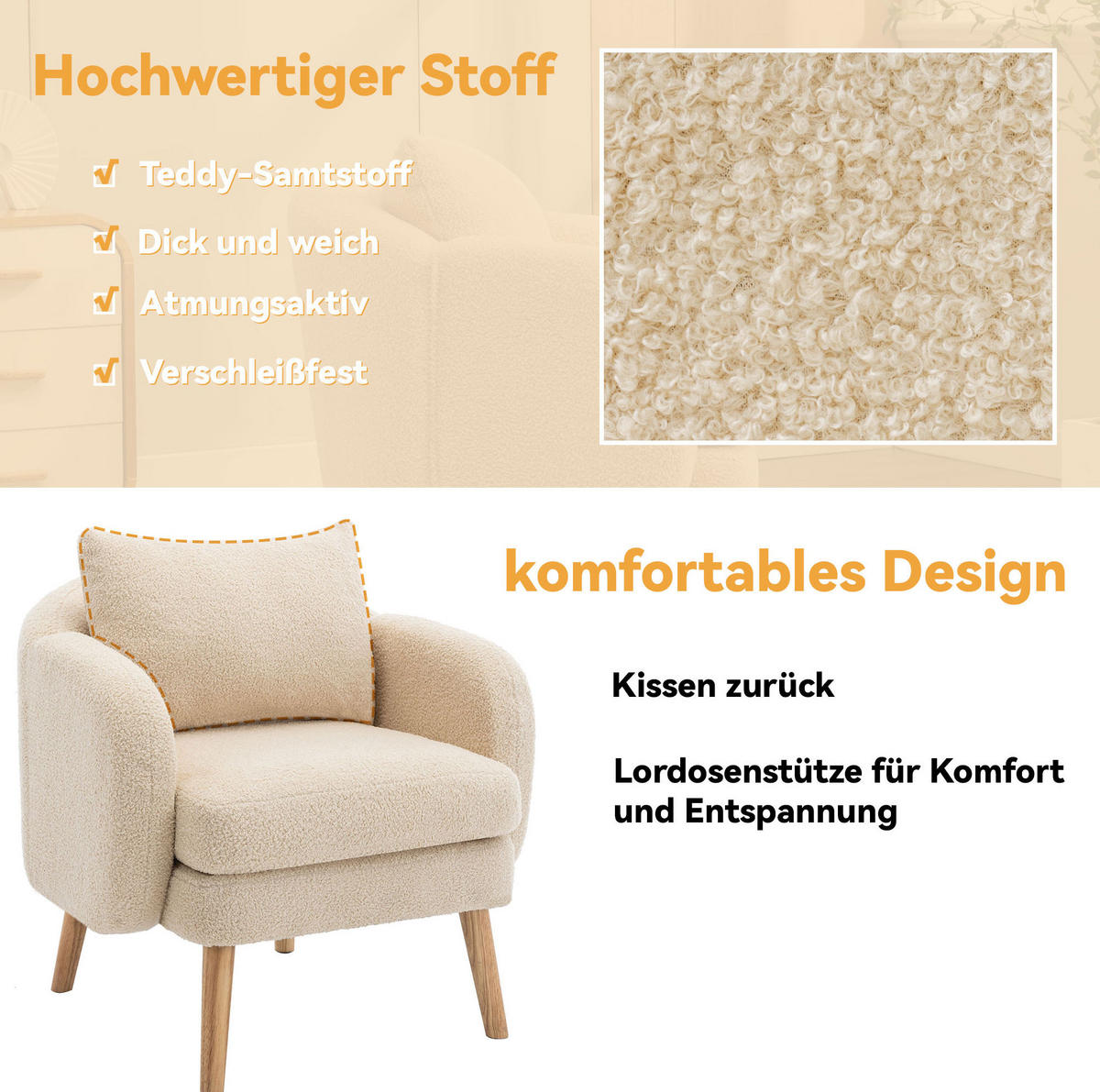 SESSEL Teddy-Samt mit Rückenkissen, extra dickem Sitzkissen 71/72/71 cm Beige - Beige, Textil (72/71/71cm) - Redom