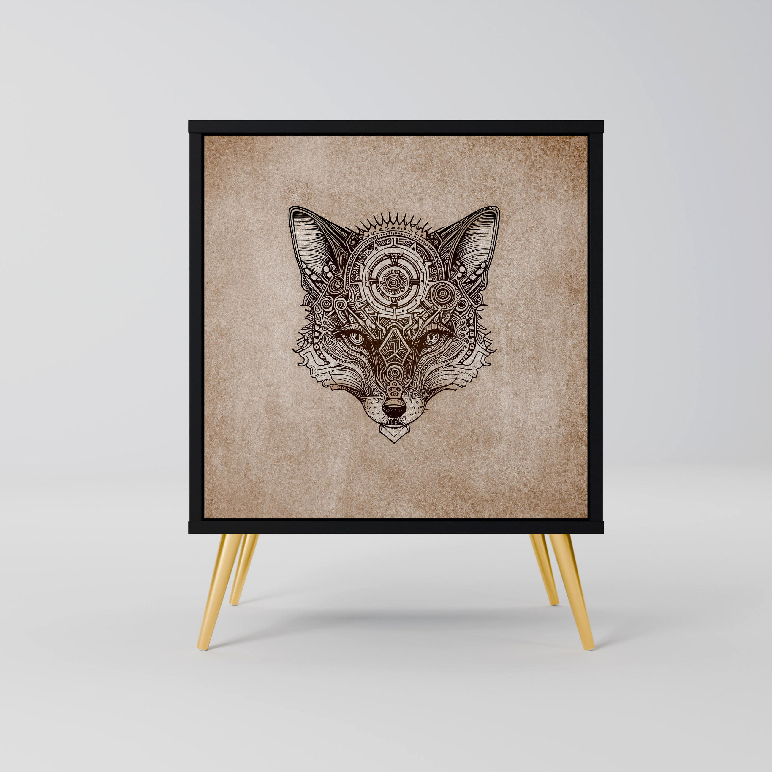 SIDEBOARD STEAMPUNK CLAN, Schwarz, 57,5x42x75,5 cm, Goldfarbene Metallfüße - Goldfarben/Multicolor, Holzwerkstoff/Metall (57.5/75.5/42cm) - SpaceRebels