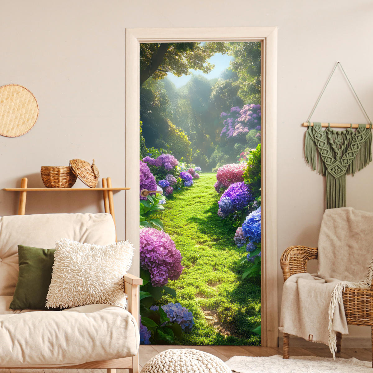 TÜRAUFKLEBER Selbstklebend - Natur - Hortensie - Blumen - Grün 95x215 cm - Türtapete - Hellgrün, Kunststoff (95/0.1cm) - MuchoWow