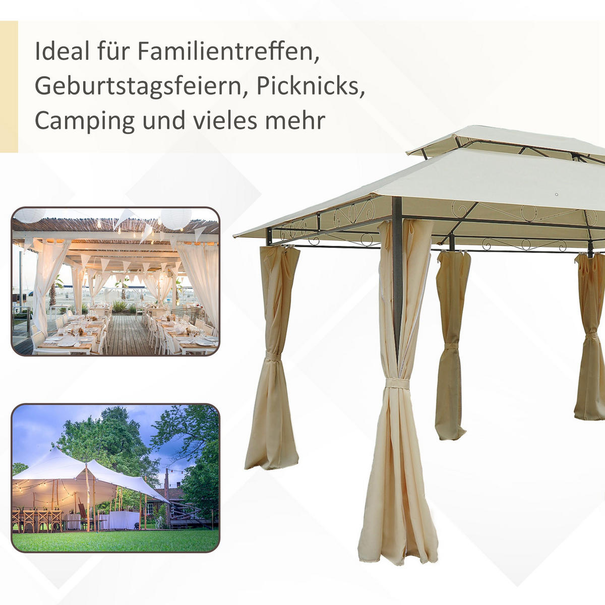 GARTENPAVILLON Partyzelt Pavillon Gartenzelt Festzelt Zelt Doppeldach 3x4 m - Beige, Metall (300/280/400cm) - Outsunny