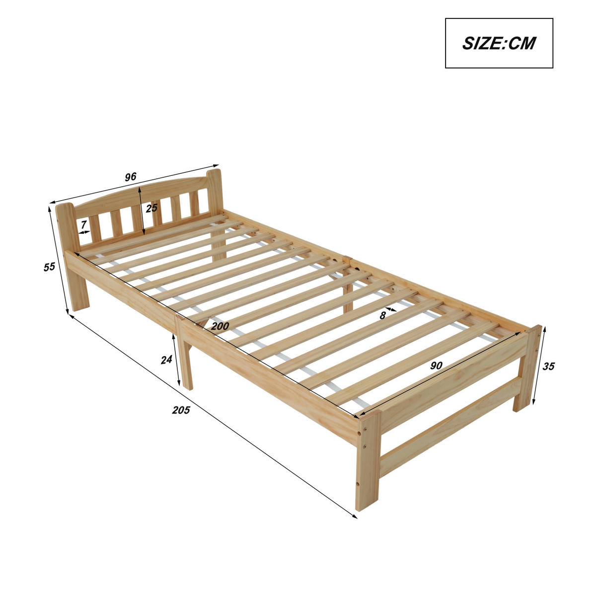 HOLZBETT 90/200 cm mit Kopfteil aus Kiefer massiv – inkl. Lattenrost - Naturfarben, Holz (90/200cm) - BEAOK