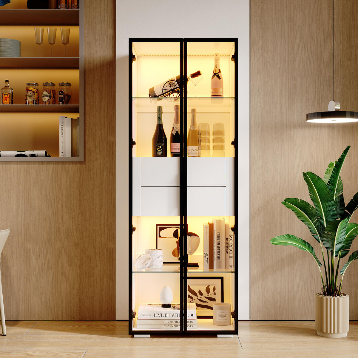 VITRINE LED Gehärtetes Glas 2 Glasböden 2 Schubladen Weiß - Multicolor, Glas (60/160/40cm) - FLIEKS