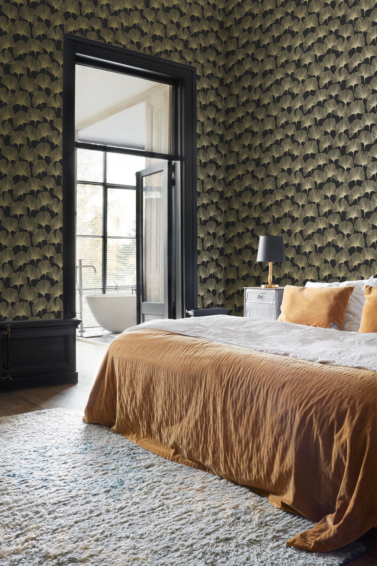 TAPETE Ginkgoblätter 53 cm x 10.05 m - Schwarz, Papier (53/1000cm) - Origin Wallcoverings