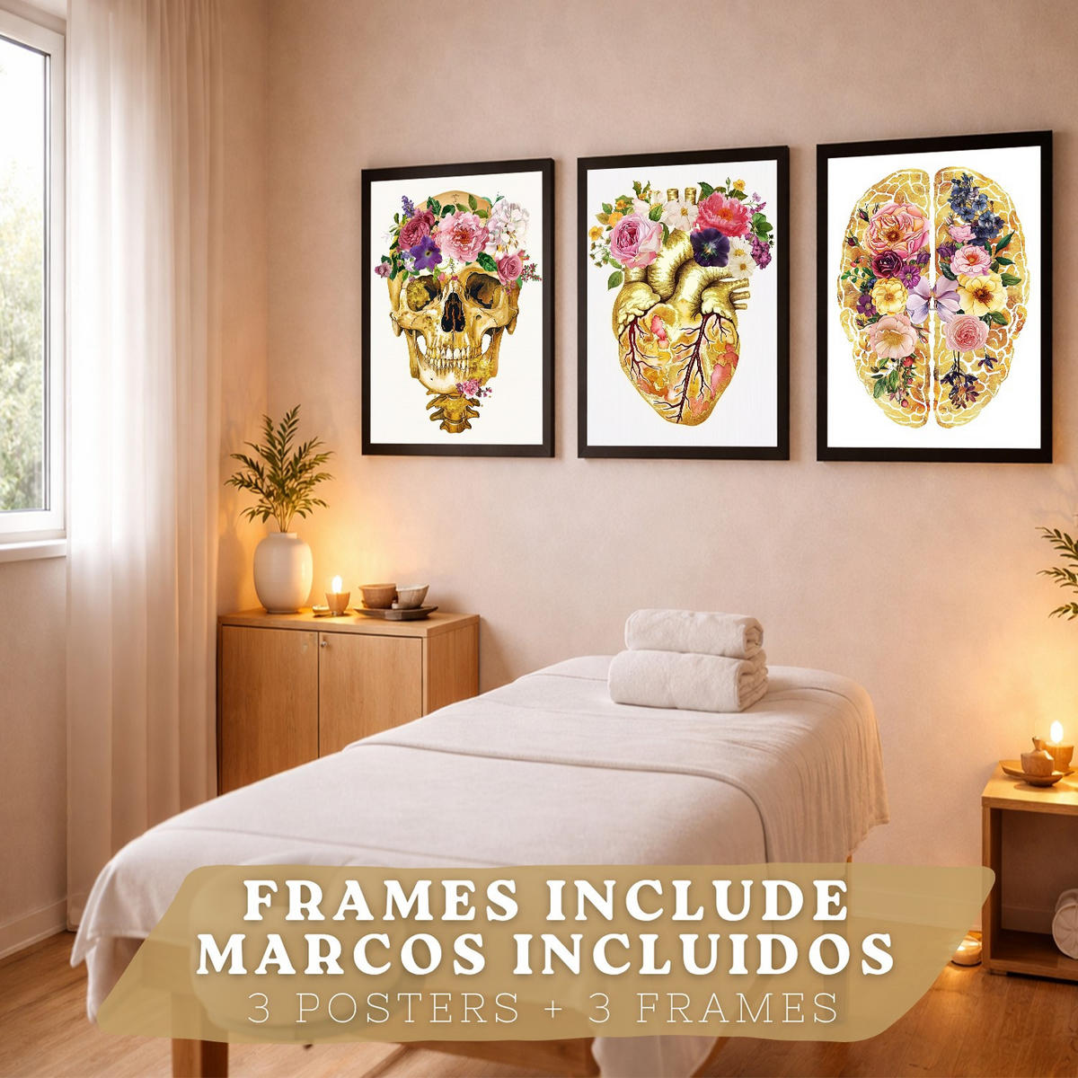 POSTER Set aus 3 Anatomie Mensch Drucke und mit Schädel Gehirn und Herz Goldene Florale Künstlerische Illustration Größe Schwarzer Rahmen A4 - Schwarz, Papier (21/29.7/3cm) - Nacnic