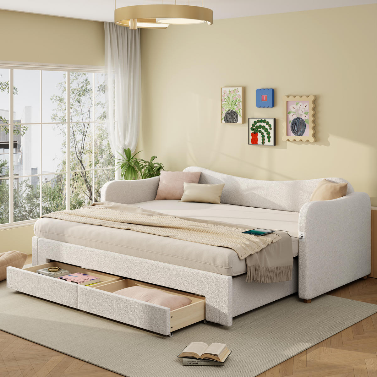 POLSTERBETT aus Schleife 90x200/180x200 cm in Beige mit 2 Schubladen & USB/Typ-C - Beige, Textil (90/200cm) - Modfu