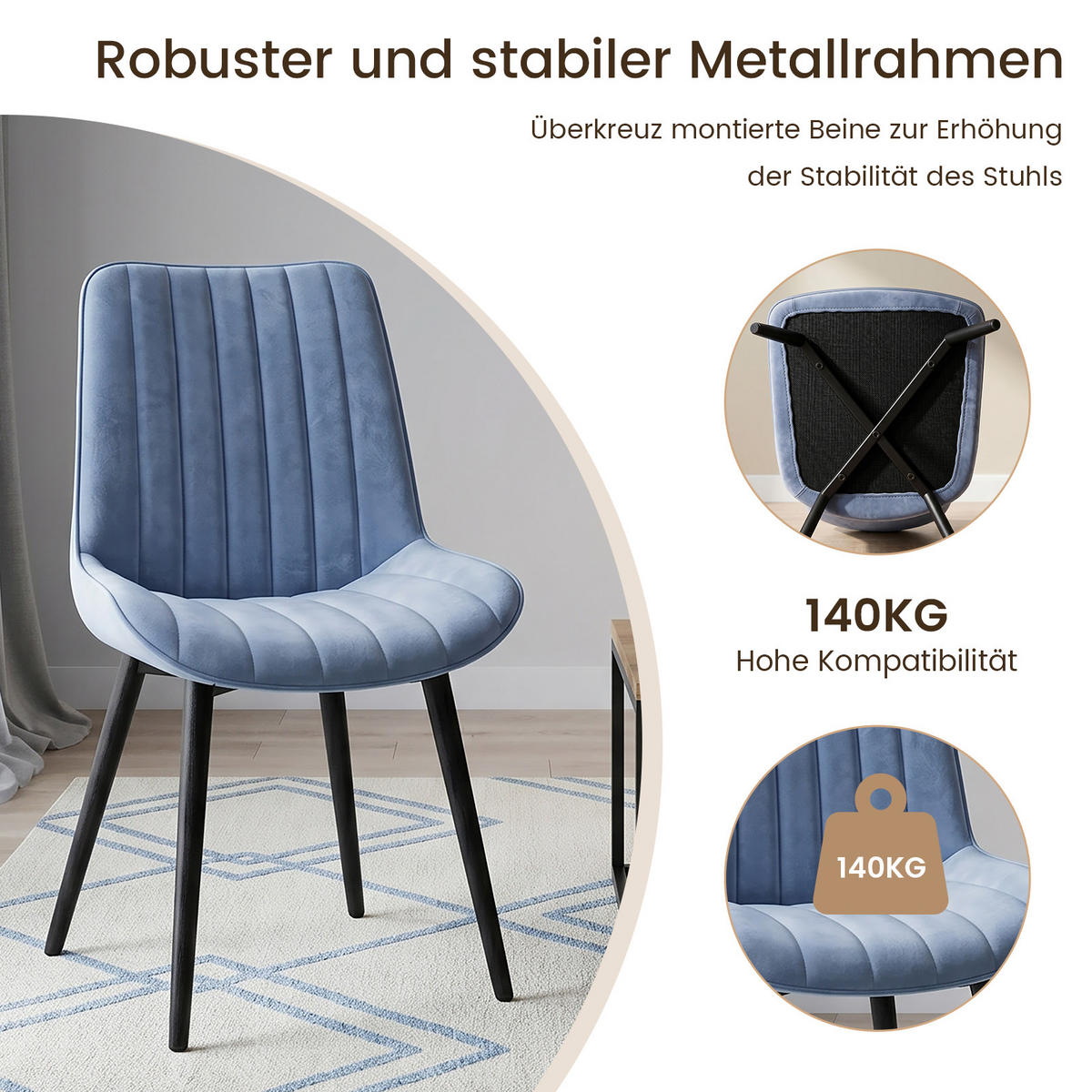 STUHL-SET 2 Stück aus Samt in Modernem Stil-YZ1 - Blau, Textil/Metall (62.5/88/53cm) - HOMAVO